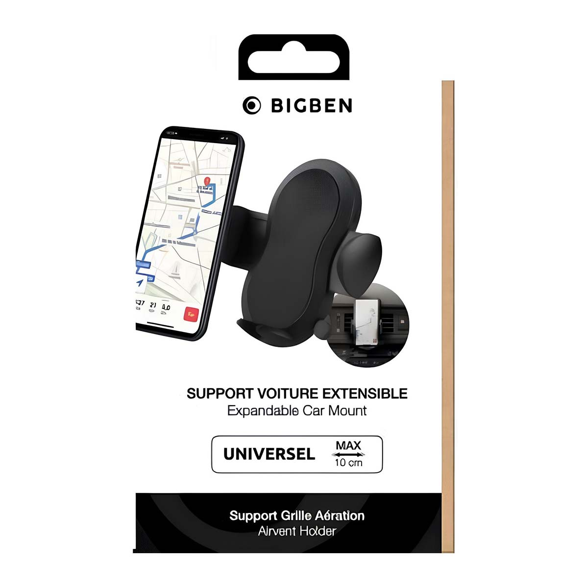 Un soporte negro para teléfono de coche con un teléfono que muestra un mapa. El paquete dice 'Expandable Car Mount' y 'BIGBEN'.