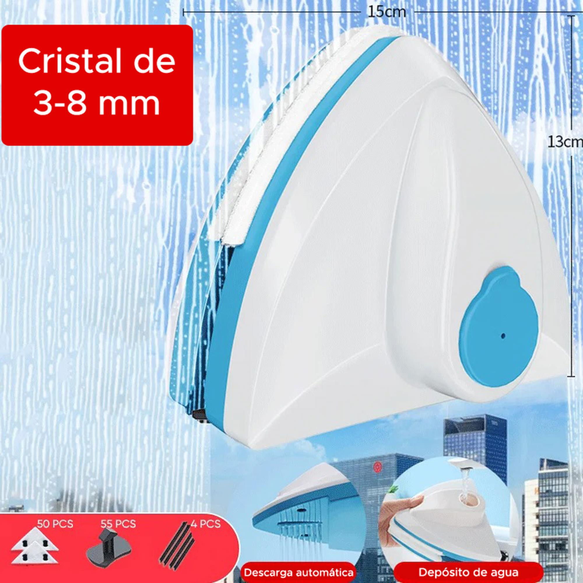 Un limpiacristales blanco y azul con dimensiones anotadas, y tres imágenes más pequeñas que detallan características.