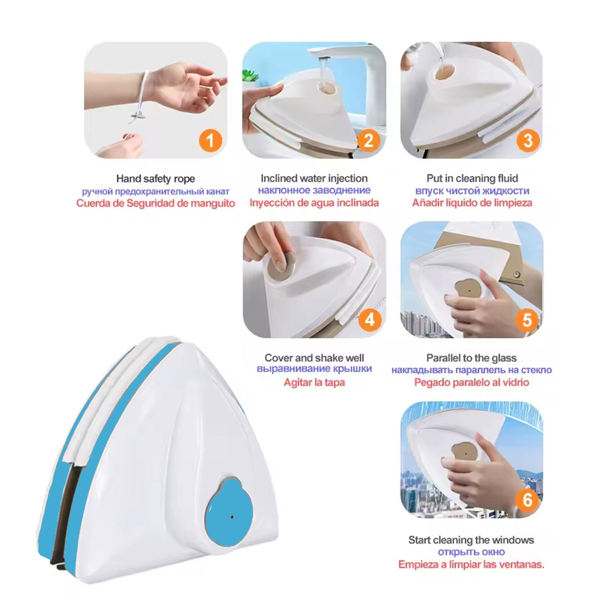 Instrucciones para un limpiacristales. Los pasos muestran la cuerda de seguridad, inyección de agua, líquido de limpieza, cubrir y limpiar.