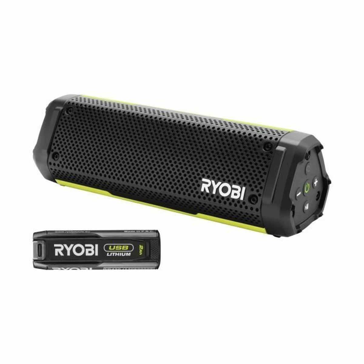 Un altoparlante Ryobi nero e verde con una batteria al litio USB Ryobi. L'altoparlante è rettangolare con un frontale a rete.