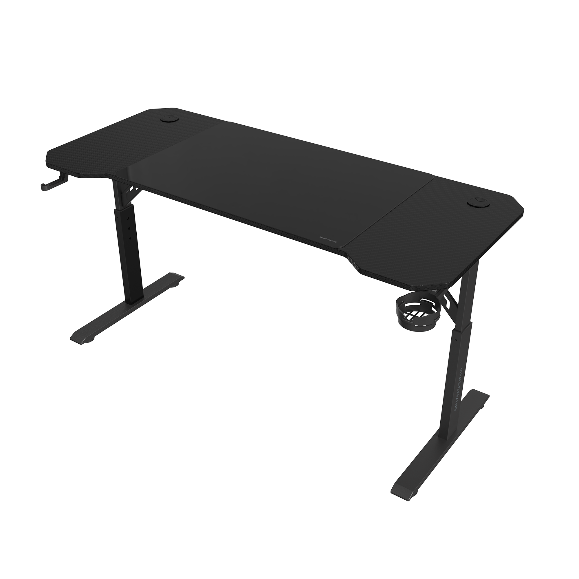 Escritorio de juego negro con superficie texturizada, portavasos y patas ajustables. El escritorio está sobre un fondo blanco.