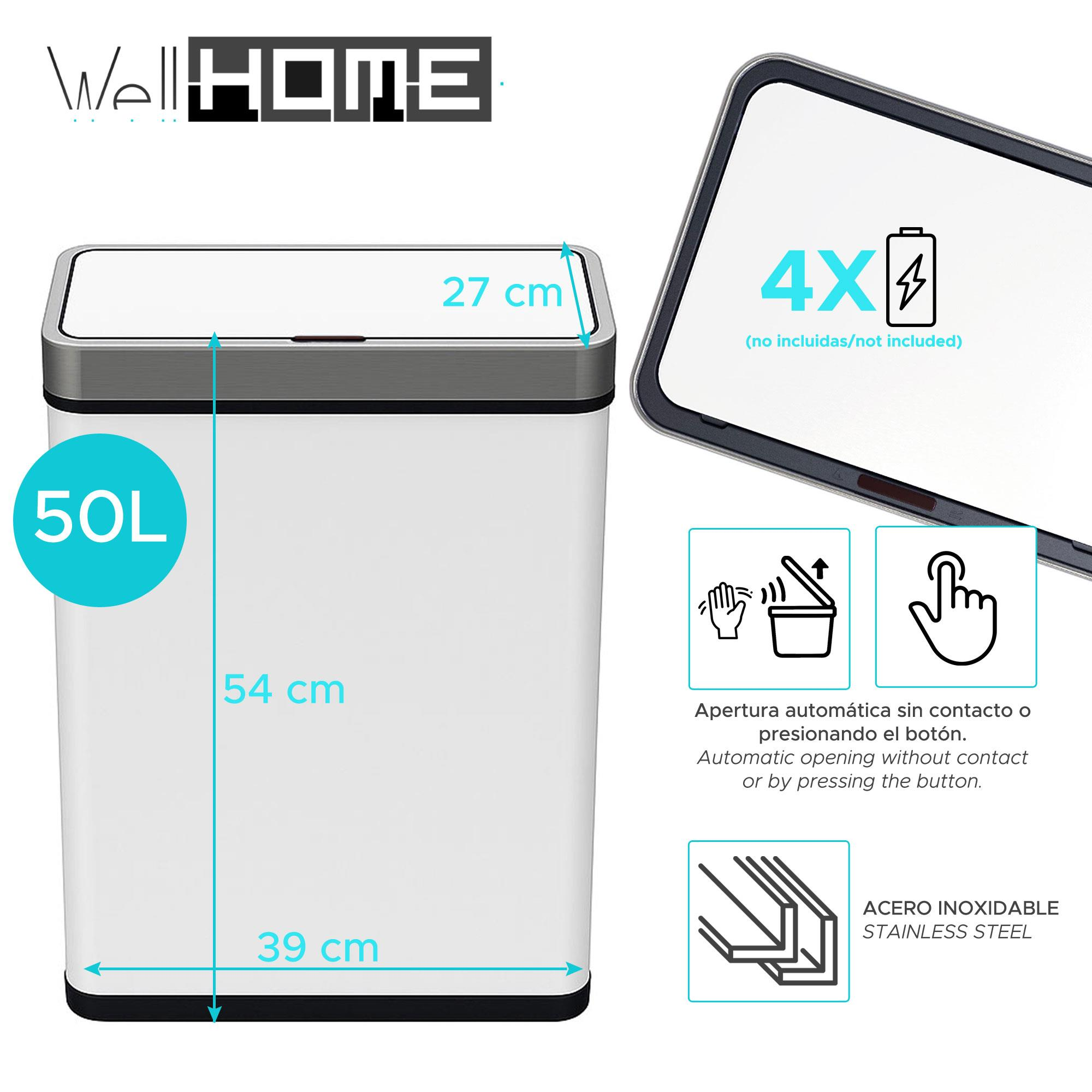 Un cubo de basura blanco de 50L con dimensiones. Incluye apertura automática por sensor o botón, y acero inoxidable.