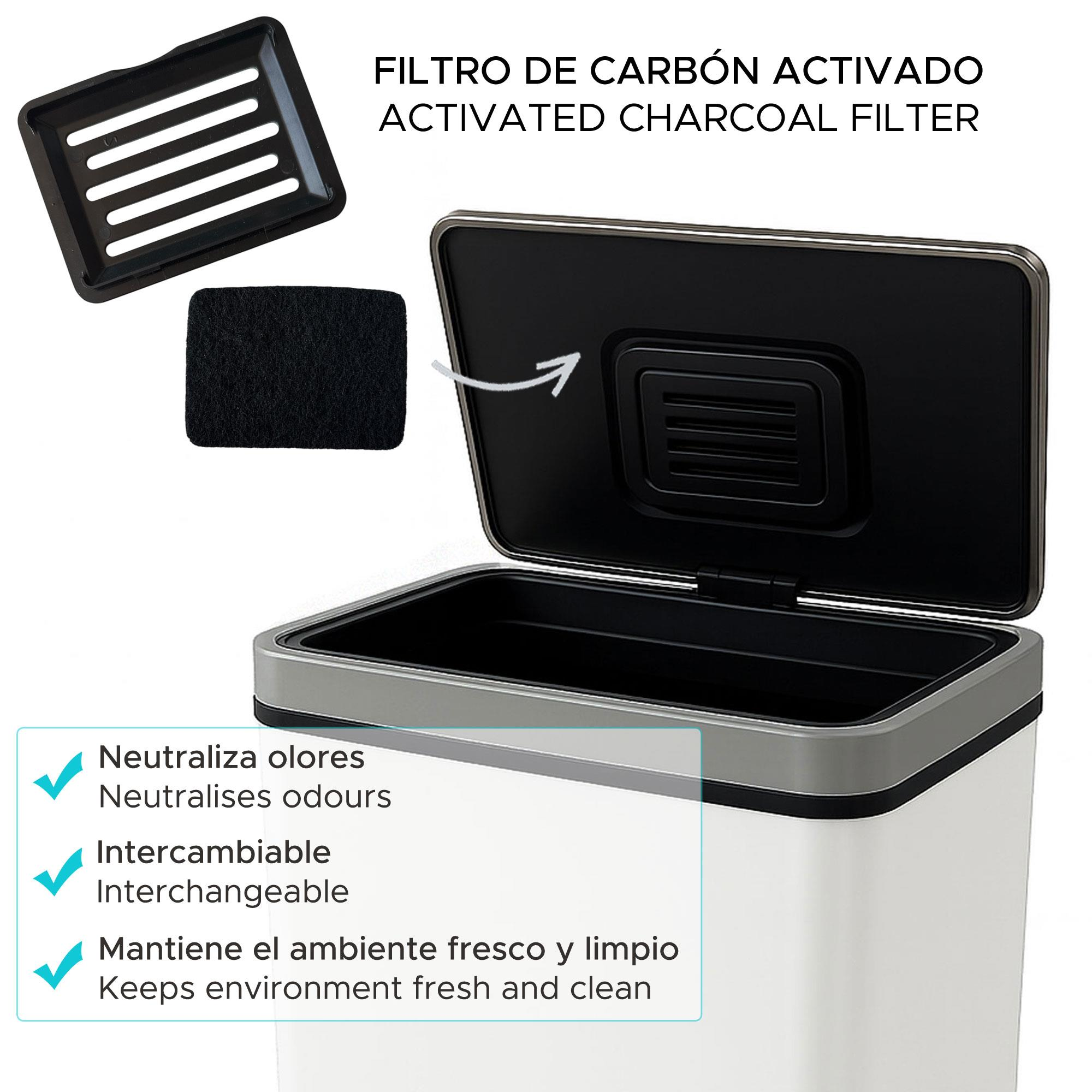 Un cubo de basura abierto con filtro de carbón y una pieza de filtro separada. El texto destaca la neutralización de olores.