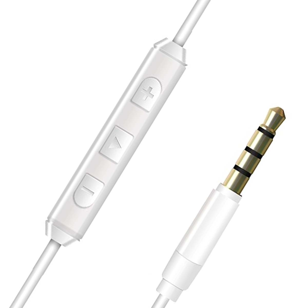 Nahaufnahme eines weißen Kopfhörerkabels mit Lautstärkeregler und vergoldetem 3,5-mm-Audioanschluss vor weißem Hintergrund.
