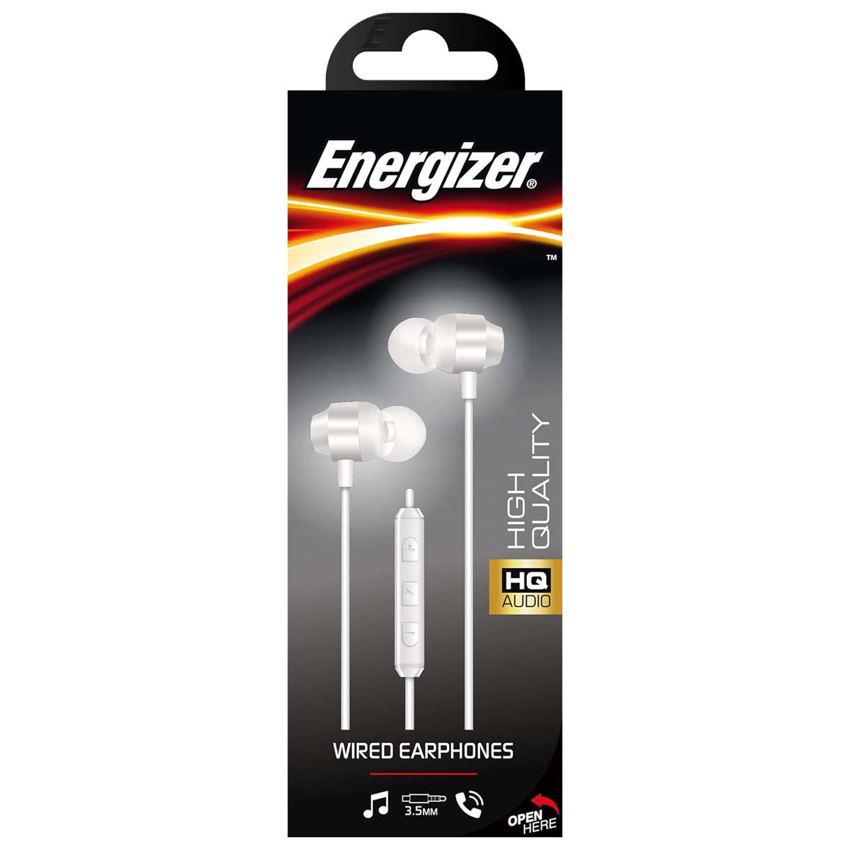 Weiße kabelgebundene Energizer-Kopfhörer in einer schwarz-weißen Verpackung. Enthält ein Mikrofon und ein Etikett 'High Quality'. Hintergrund rot.