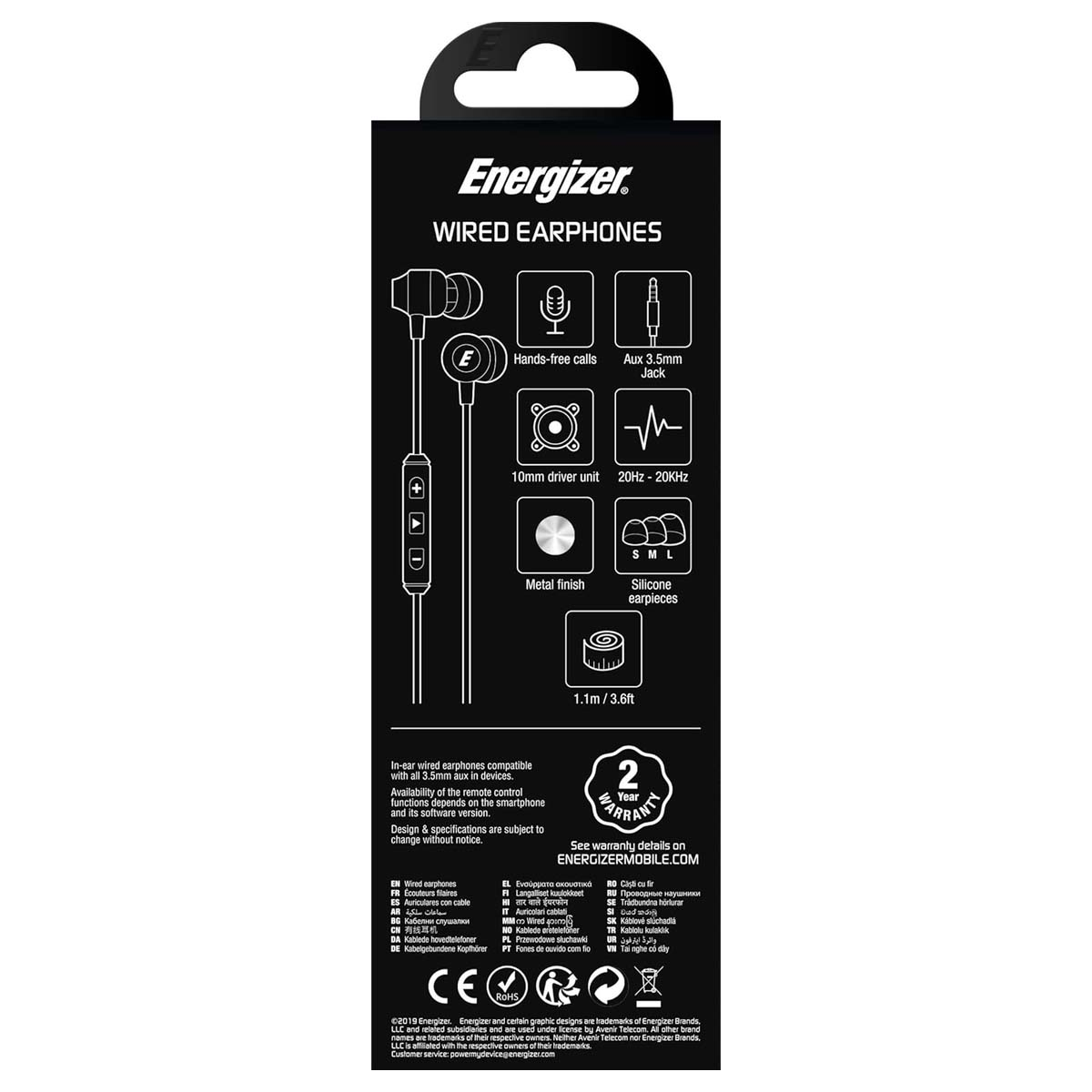 Schwarze Energizer-Verpackung für kabelgebundene Kopfhörer. Enthält Produktdetails, Symbole und zwei Jahre Garantie. Mehrsprachiger Text.