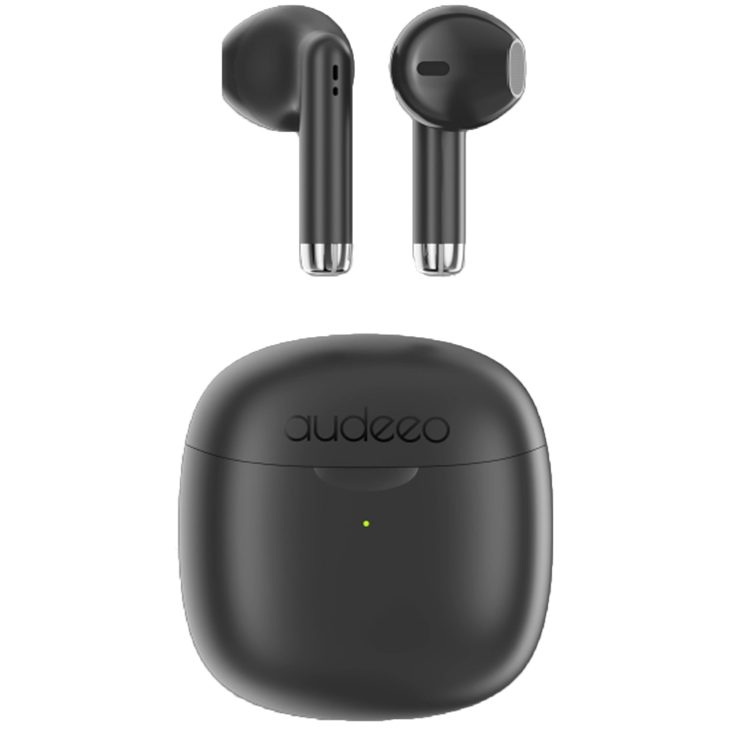 Auricolari wireless neri e custodia di ricarica. La custodia riporta la scritta 'audeoo'. Due auricolari sono sopra la custodia.