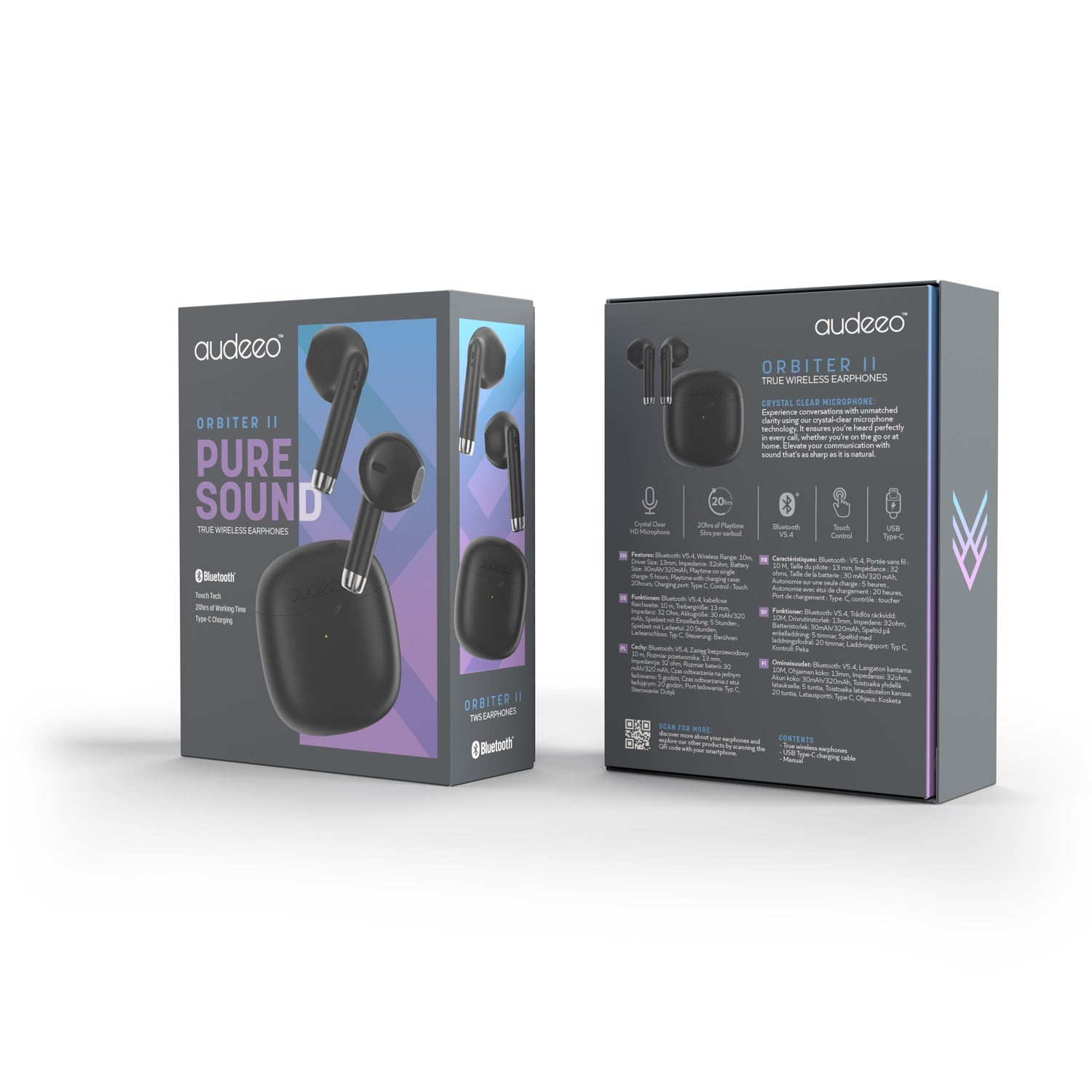 Due scatole di auricolari wireless neri, con testo su caratteristiche e dettagli del marchio. Gli auricolari sono visibili.