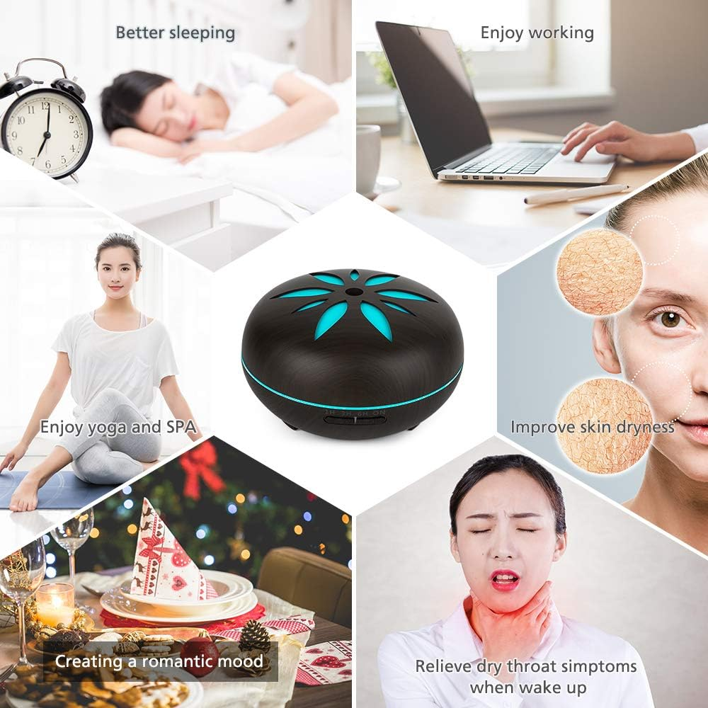 Aromadiffusor mit Personen in verschiedenen Szenarien: Schlafen, Arbeiten am Laptop, Yoga, Abendessen und Hautpflege.
