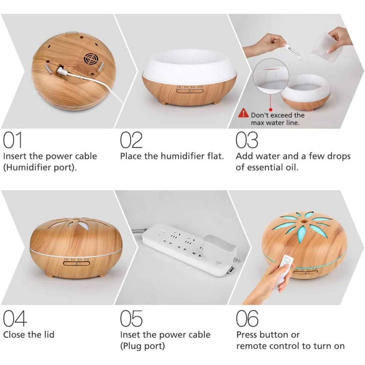 Anweisungen zur Verwendung eines Holz-Luftbefeuchters. Schritte umfassen Kabeleinführung, Wasser/Öl hinzufügen, Deckel schließen, Fernbedienung.
