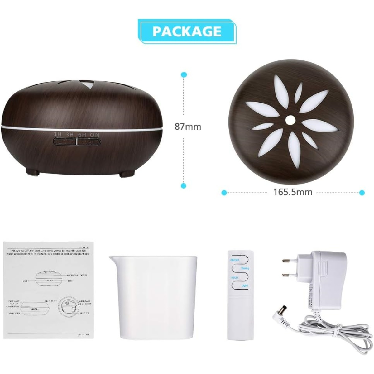 Produktfoto. Dunkelbrauner Aroma-Diffusor, Oberseite und Zubehör. Beinhaltet einen Messbecher, eine Fernbedienung, ein Netzteil und eine Bedienungsanleitung.