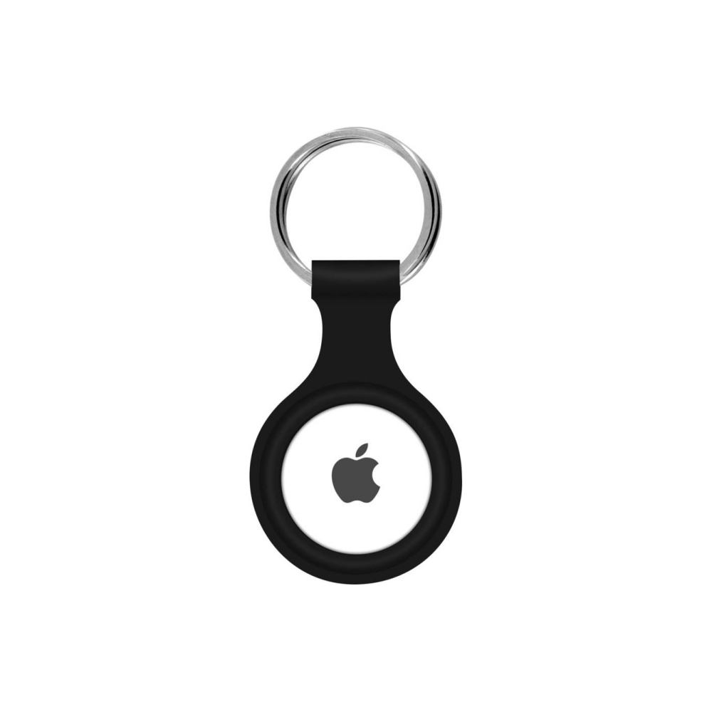 Ein schwarzes Apple AirTag mit einem Schlüsselring. Das AirTag hat eine weiße Oberfläche mit dem Apple-Logo.