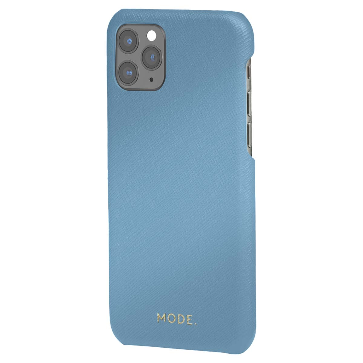 Una custodia per telefono azzurra con superficie strutturata. Ha un modulo fotocamera e la parola 'MODE' in oro.