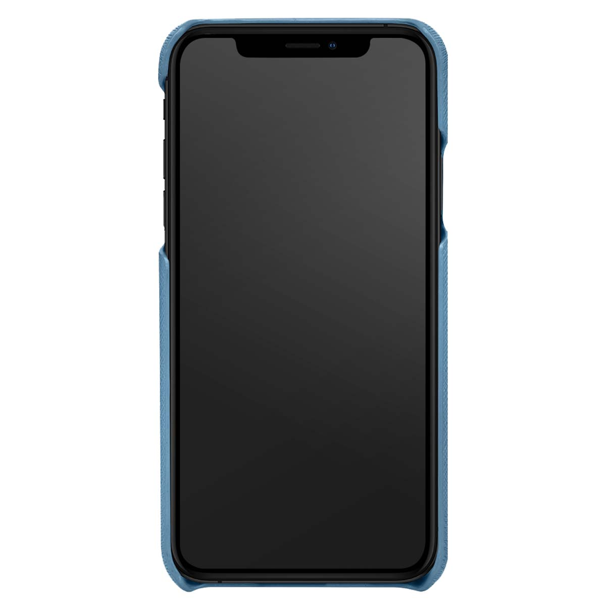 Uno smartphone con schermo nero è racchiuso in una custodia protettiva blu. La custodia ha una superficie strutturata. Lo sfondo è bianco.