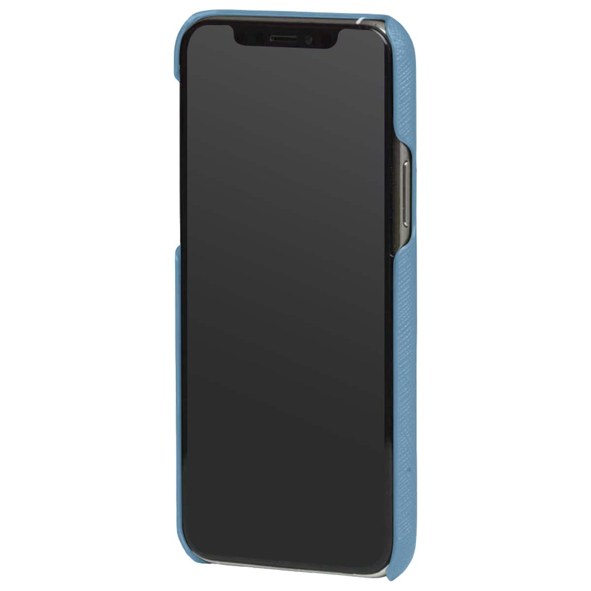 Uno smartphone in una custodia blu, leggermente angolato. Lo schermo è nero e la custodia ha una superficie strutturata.