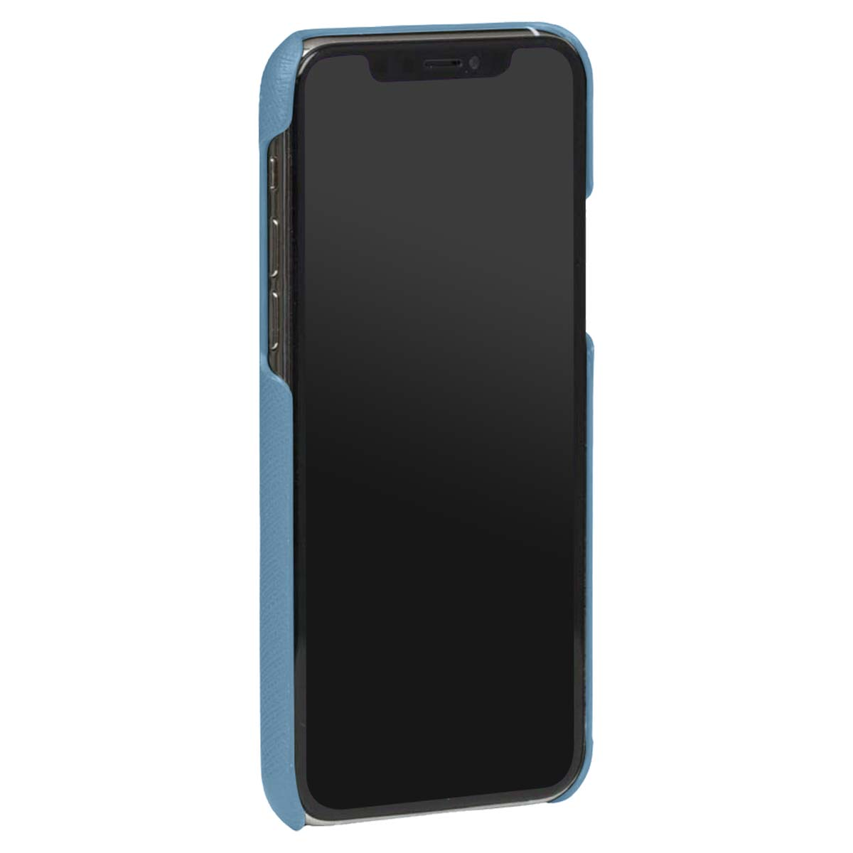 Uno smartphone in una custodia azzurra. Il telefono ha uno schermo nero ed è leggermente angolato. La custodia copre i bordi.