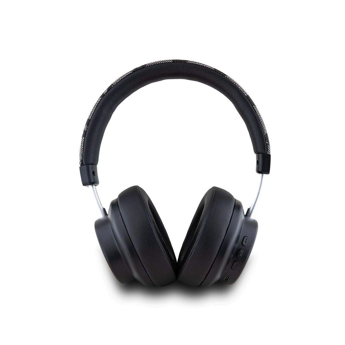 Casque noir sur fond blanc. Le bandeau est noir avec un motif texturé, les oreillettes sont noires et les bras argentés.