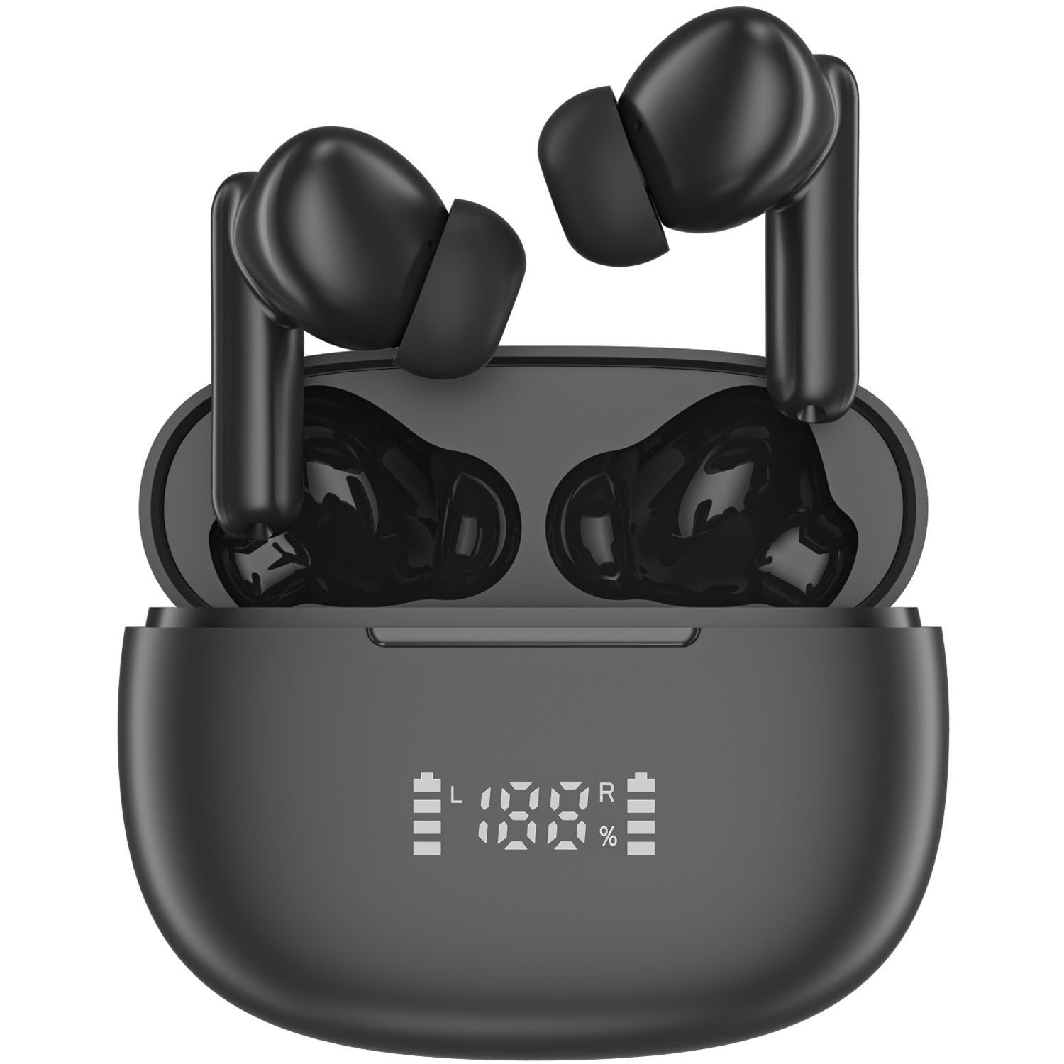 Auricolari wireless neri nella loro custodia di ricarica. La custodia mostra il livello della batteria. Gli auricolari sono in posizione aperta, pronti all'uso.
