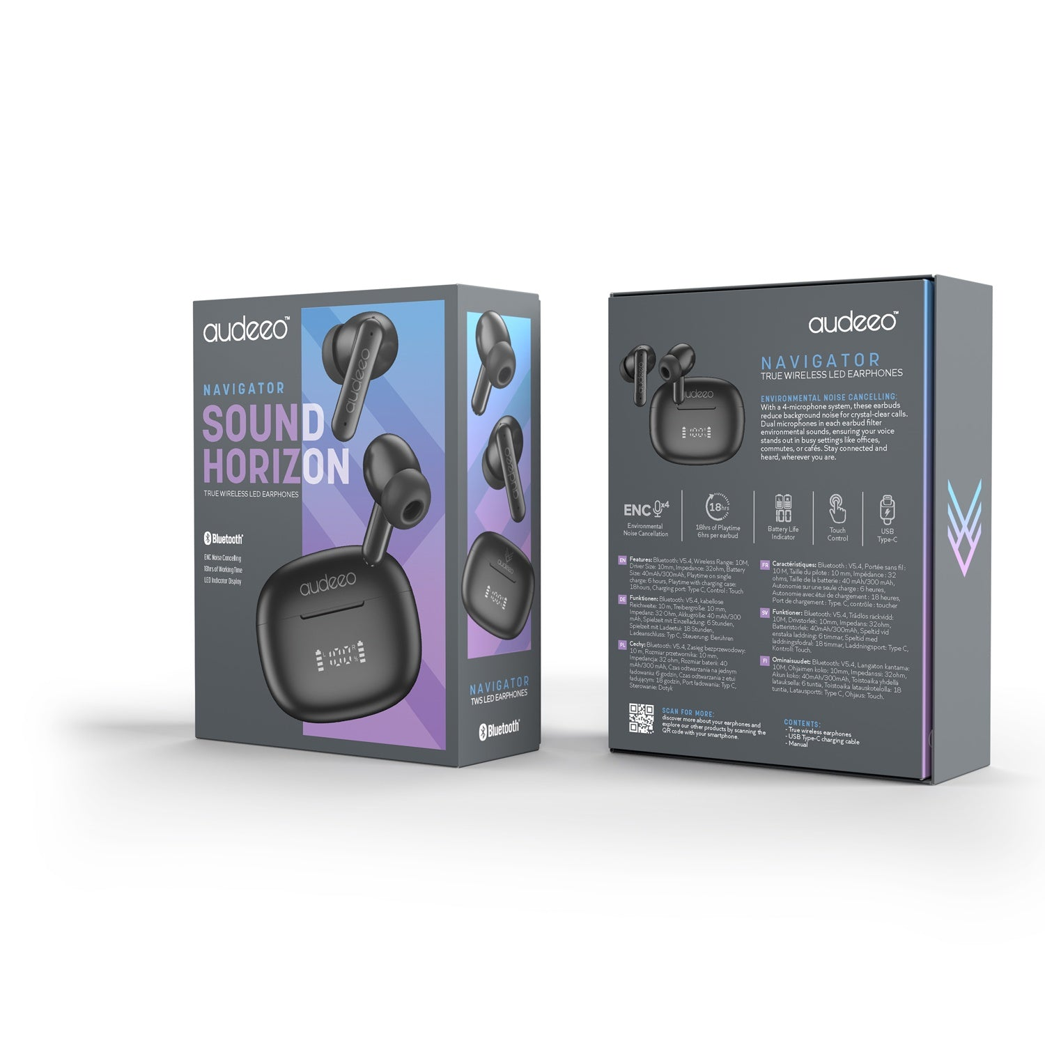 Scatola nera di auricolari Audeo Navigator. Auricolari e custodia di ricarica mostrati. Testo: Sound Horizon, True Wireless LED Earphones.