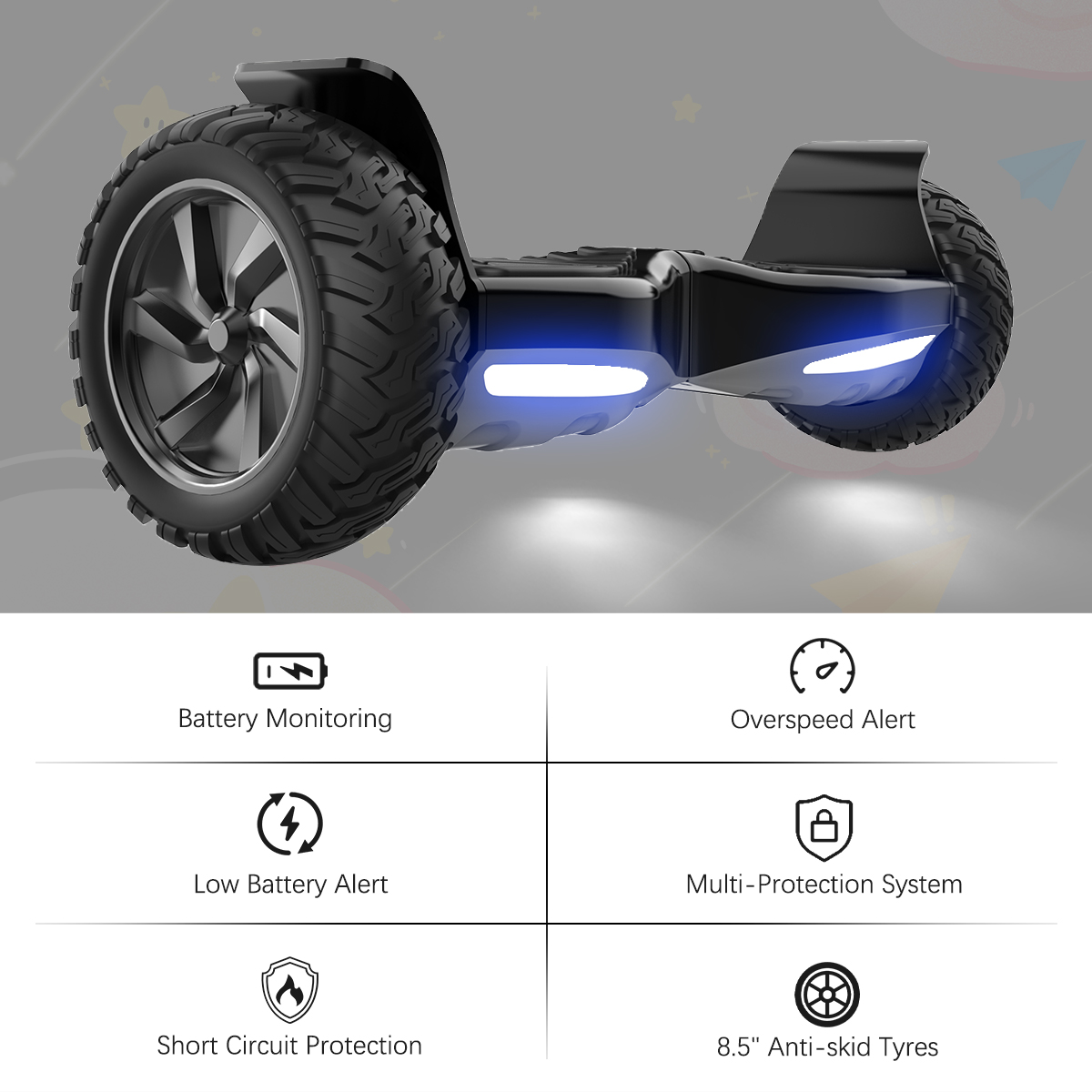 Hoverboard negro con neumáticos grandes y luces azules. Incluye monitorización de batería, alerta de exceso de velocidad y neumáticos antideslizantes.