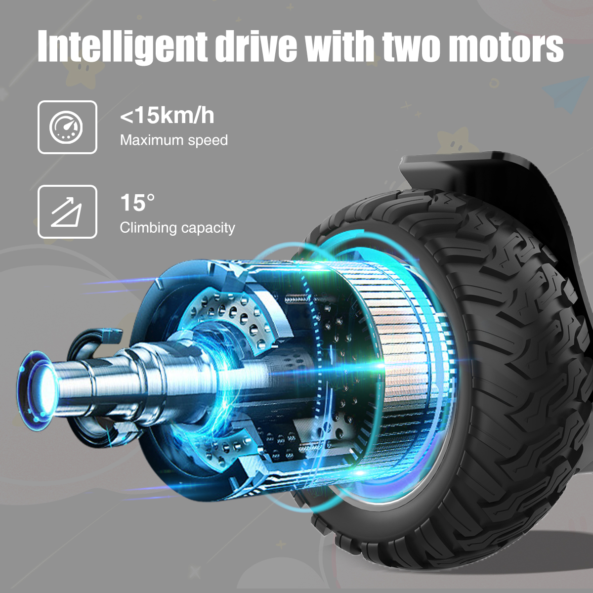 Vista detallada del motor y la rueda de un hoverboard, mostrando componentes internos y especificaciones como velocidad y capacidad de ascenso.