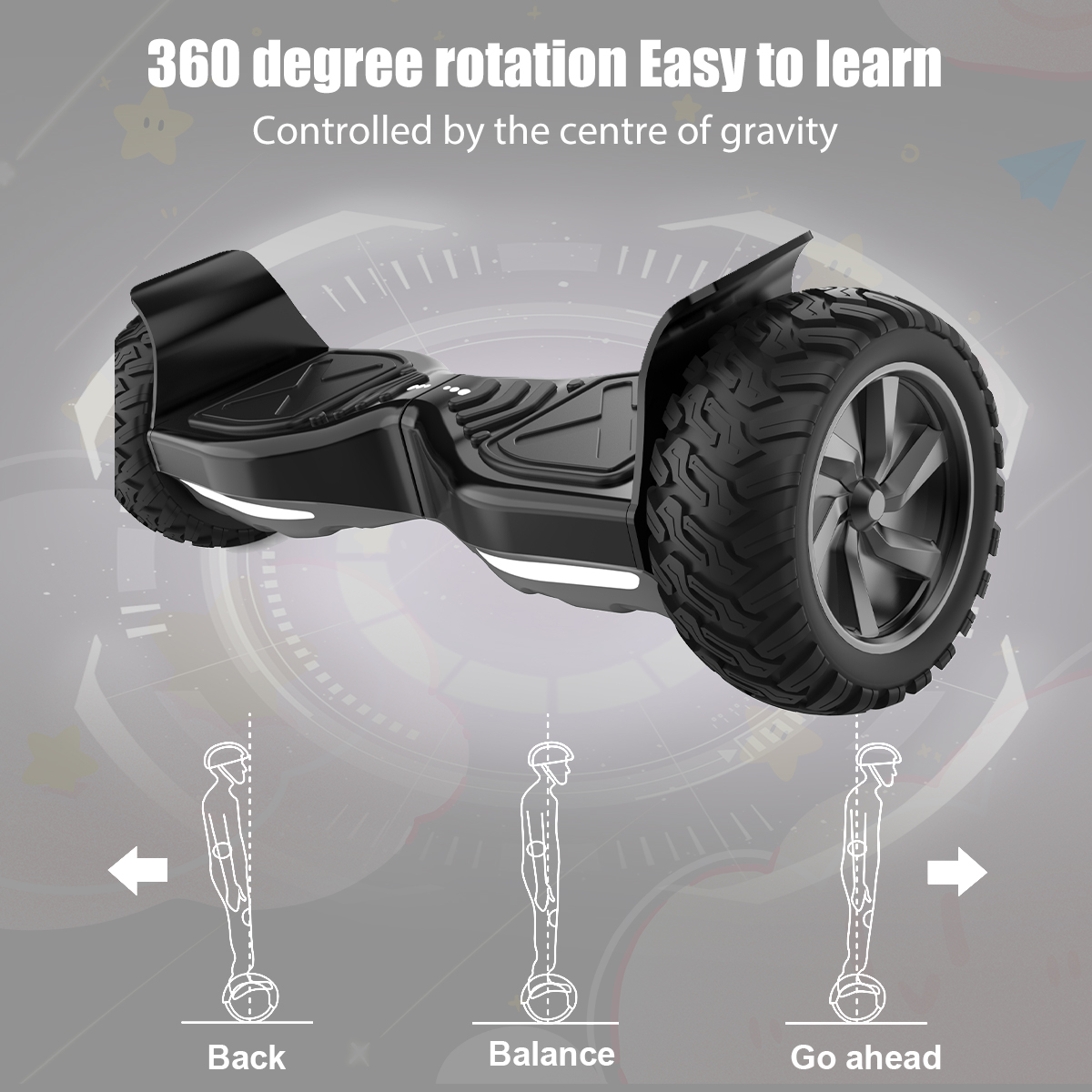 Un hoverboard negro con neumáticos grandes y diagramas que muestran el equilibrio y el control de la dirección. Texto: rotación de 360 grados, fácil de aprender.