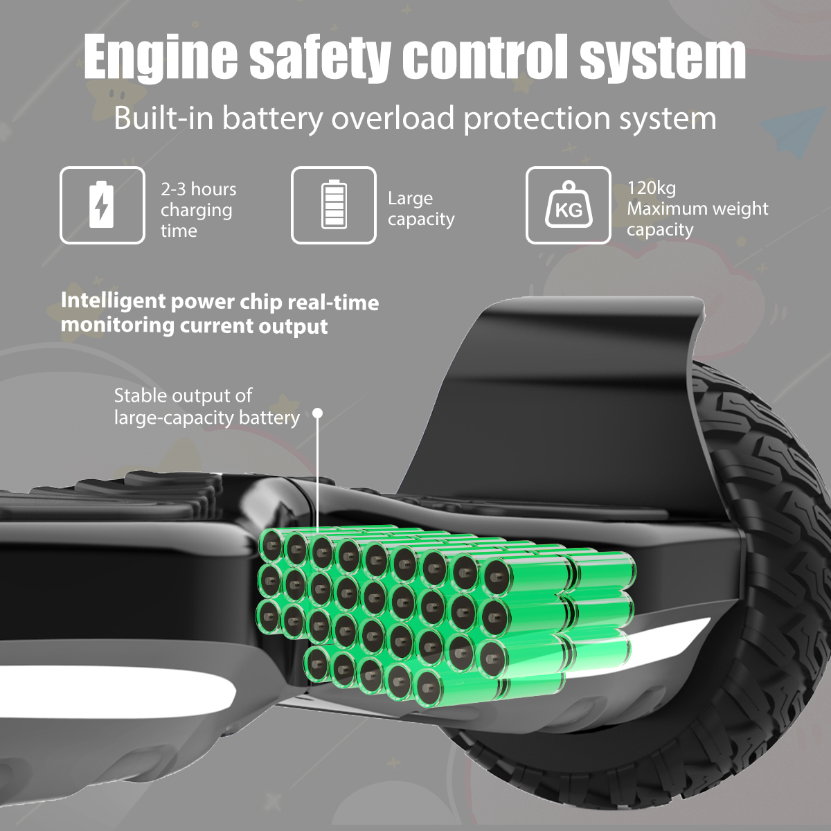 Primer plano de un hoverboard negro con batería verde. El texto destaca características de seguridad: tiempo de carga, capacidad y límite de peso.
