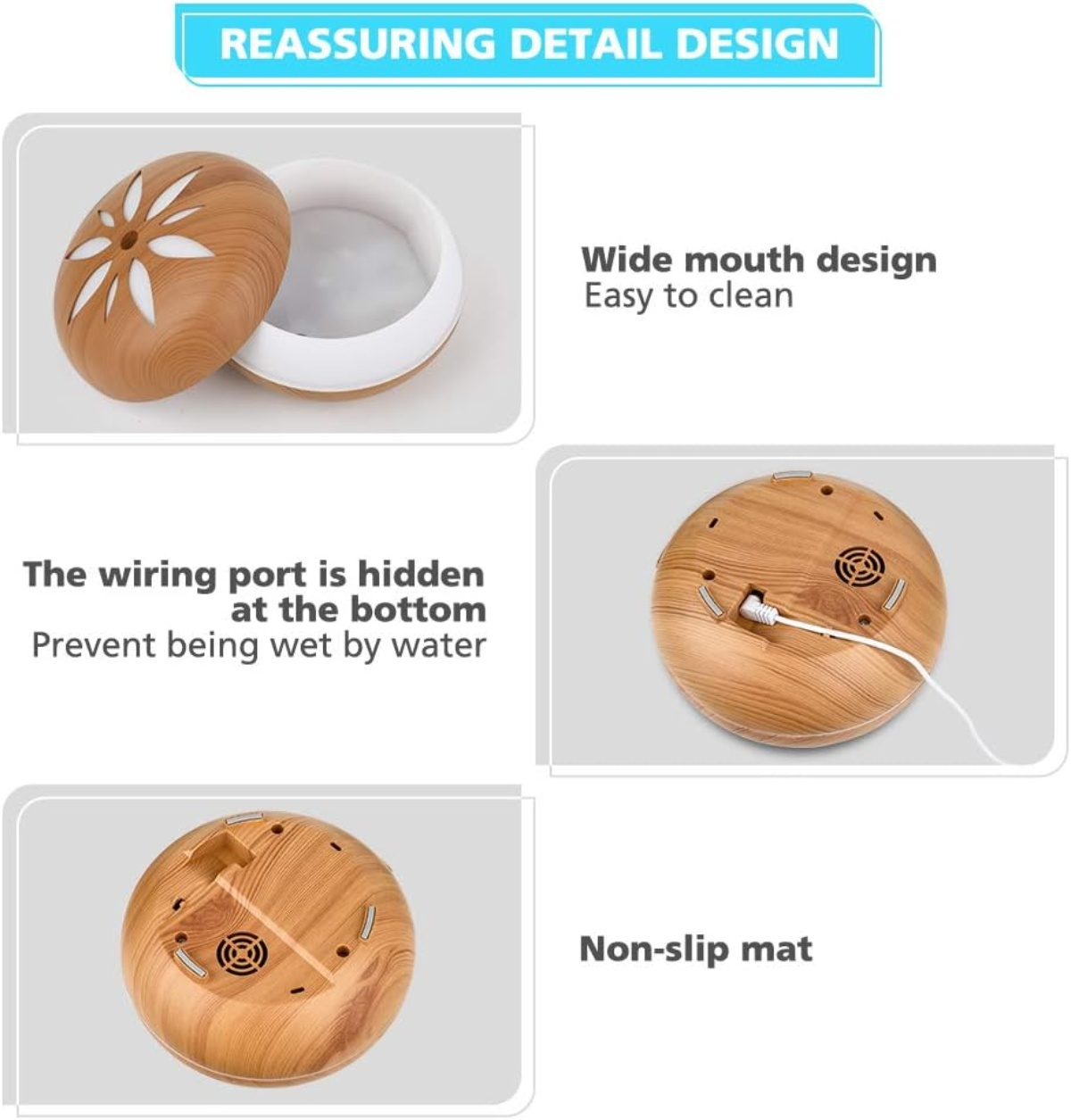 Ein Bild zeigt einen Aroma-Diffusor aus Holz. Details sind: breite Öffnung, versteckter Kabelanschluss und rutschfeste Matte.