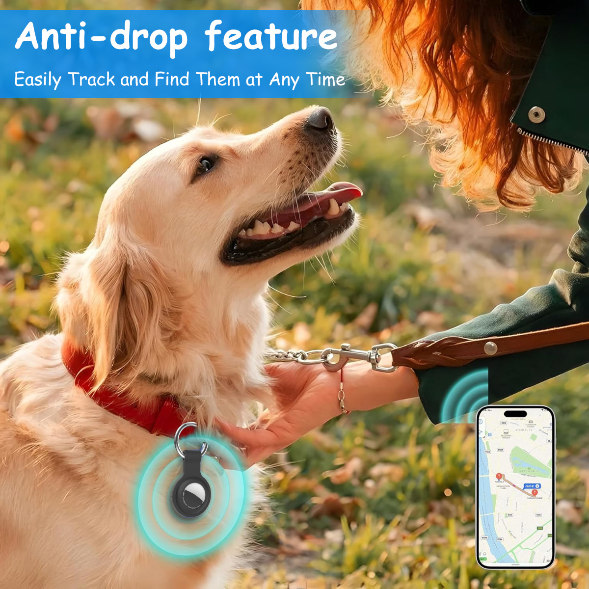 Golden Retriever mit Tracker und rotem Halsband. Person hält Leine, Telefon zeigt Karte. Text: Anti-Drop-Funktion.