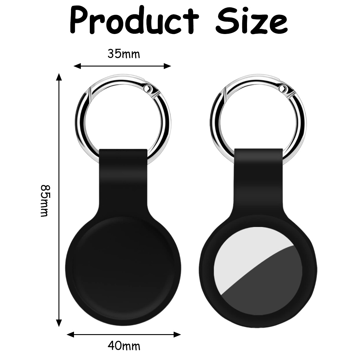 Zwei schwarze Schlüsselanhänger mit Maßen: 85 mm Höhe, 40 mm Breite. Ein Schlüsselanhänger hat einen weiß/schwarzen Kreis.
