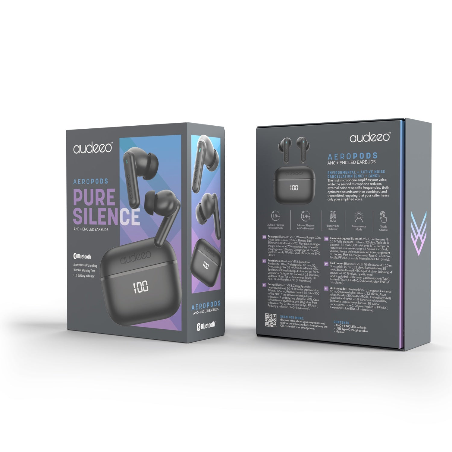 La scatola mostra auricolari neri, custodia di ricarica e funzioni. Il testo include 'Pure Silence' e 'Bluetooth'.