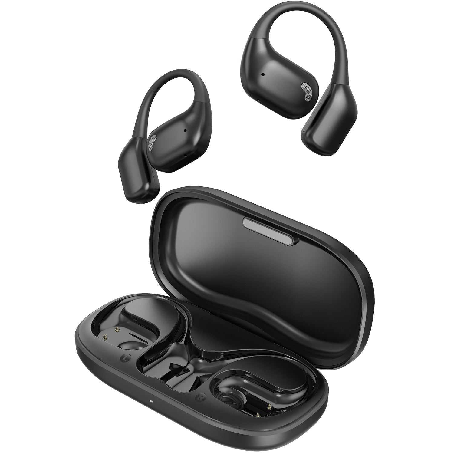 Auricolari wireless neri e custodia di ricarica. Gli auricolari sono visualizzati in più posizioni, uno nella custodia e due fuori.