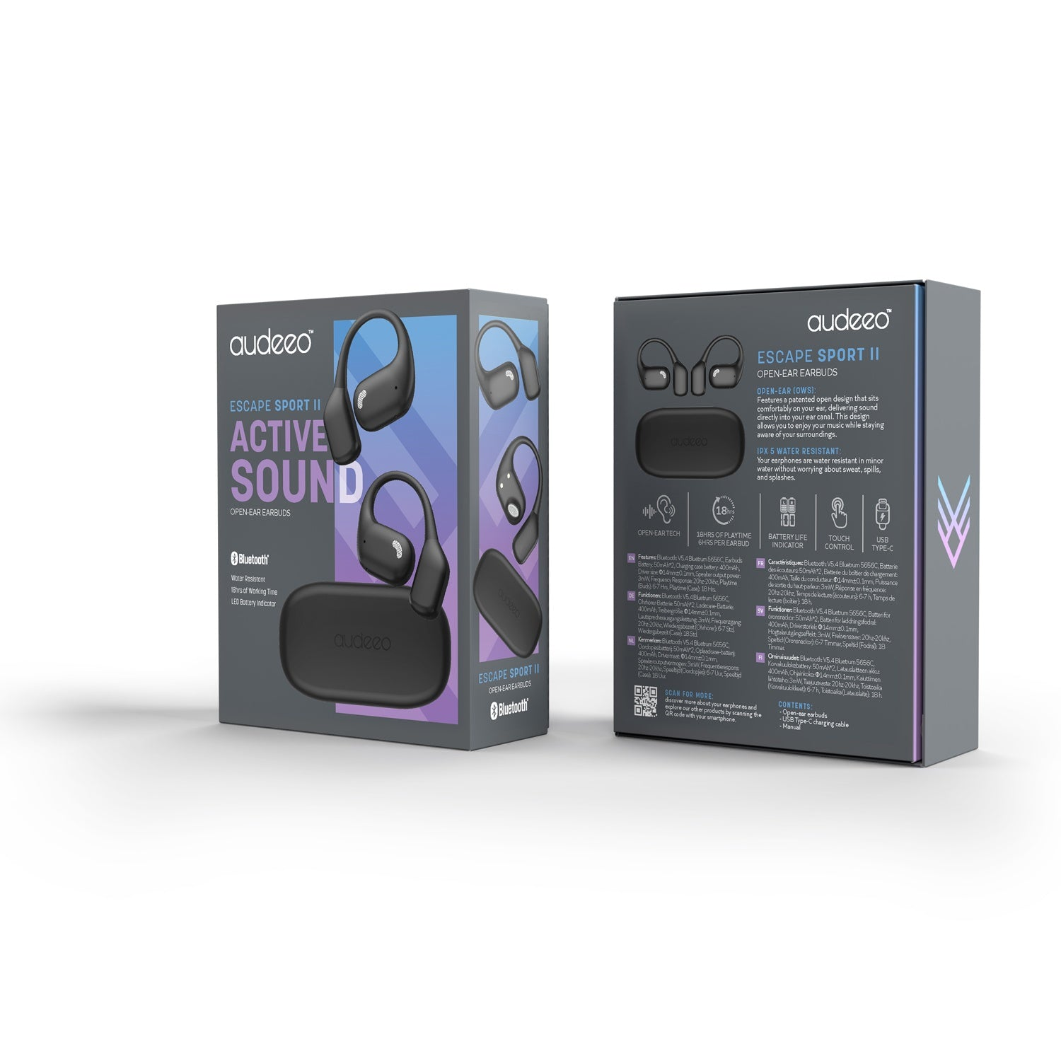 Auricolari Audeeo Escape Sport II neri in scatola. Caratteristiche: Bluetooth, resistenza all'acqua e 18 ore di riproduzione.