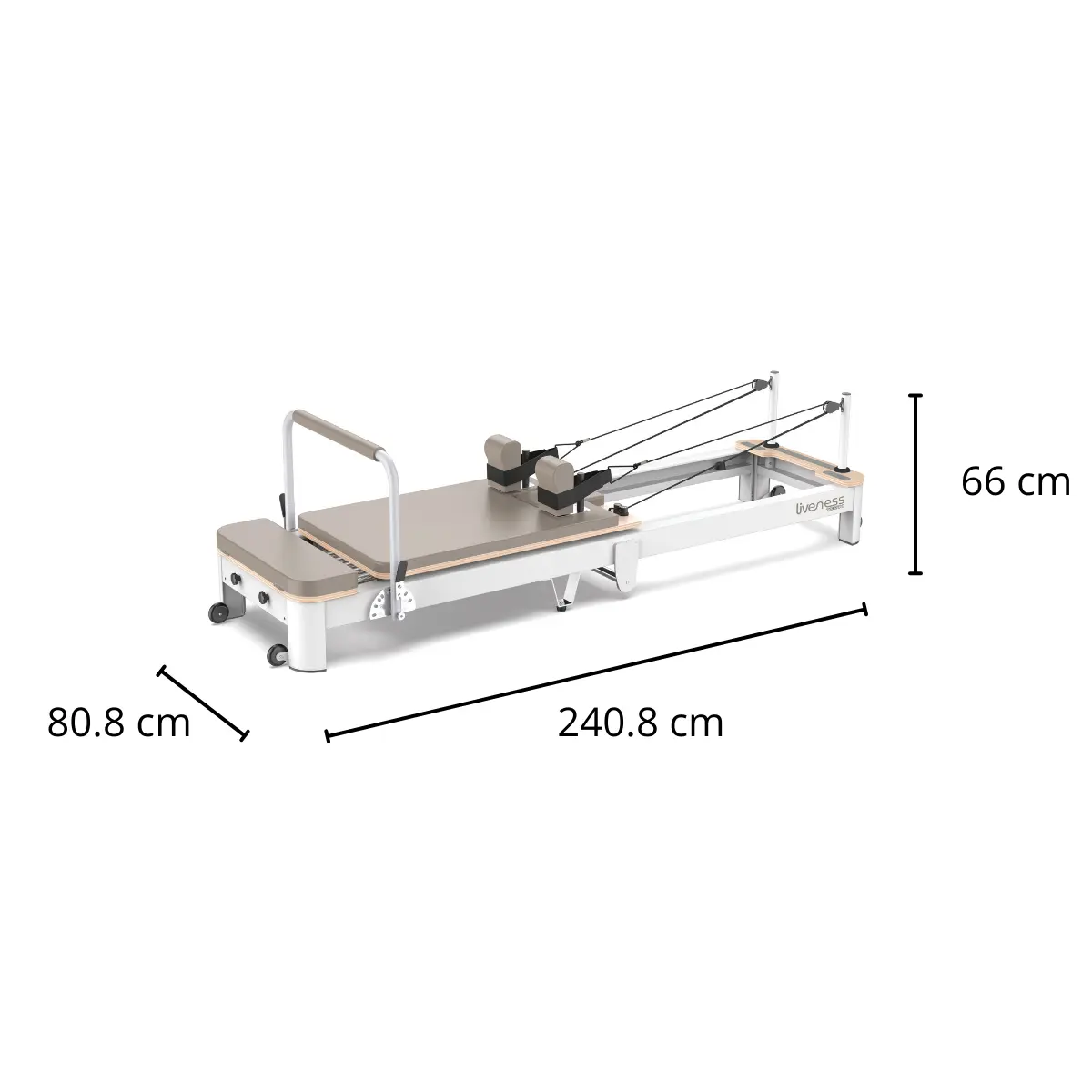 Pilates reformer machine. It has a beige platform, white frame, black ropes, and dimensions of 240.8x80.8x66 cm.