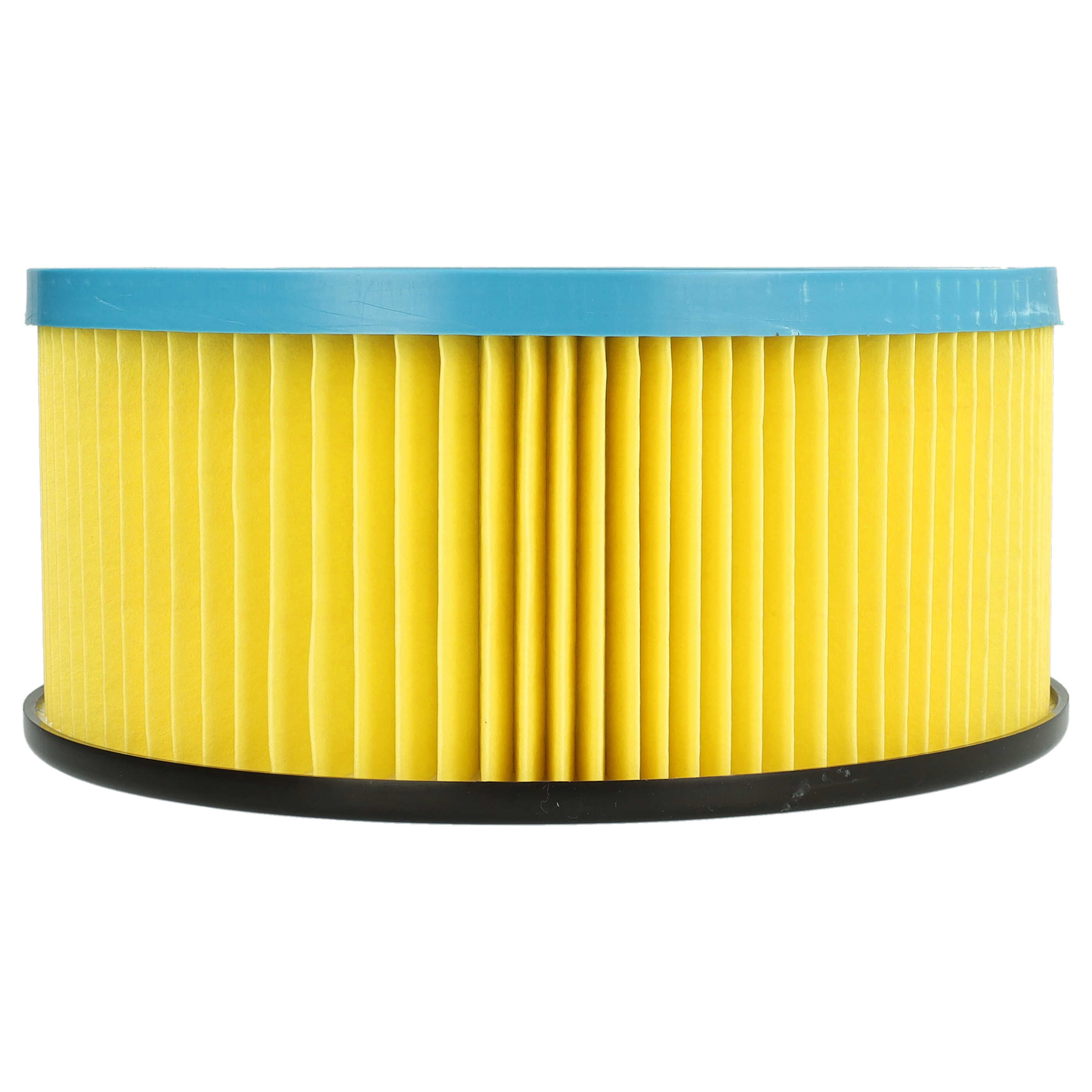 Ein Luftfilter mit gelben, plissierten Filtermedien, blauem Oberteil und schwarzem Sockel, isoliert auf weißem Hintergrund.