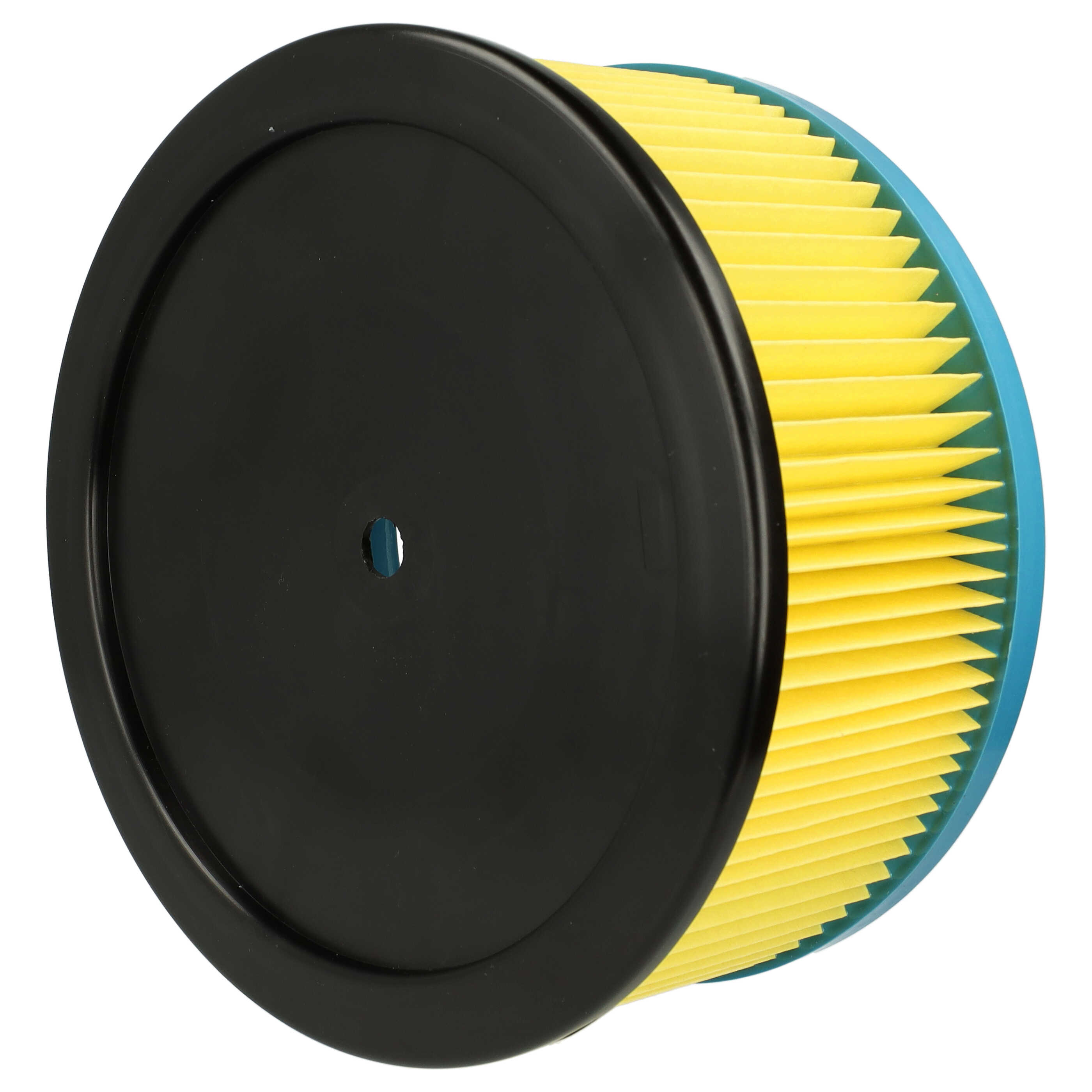 Ein kreisförmiger Luftfilter mit schwarzer Oberseite und Seite, gelbem Faltenfilter und blauem Rand.