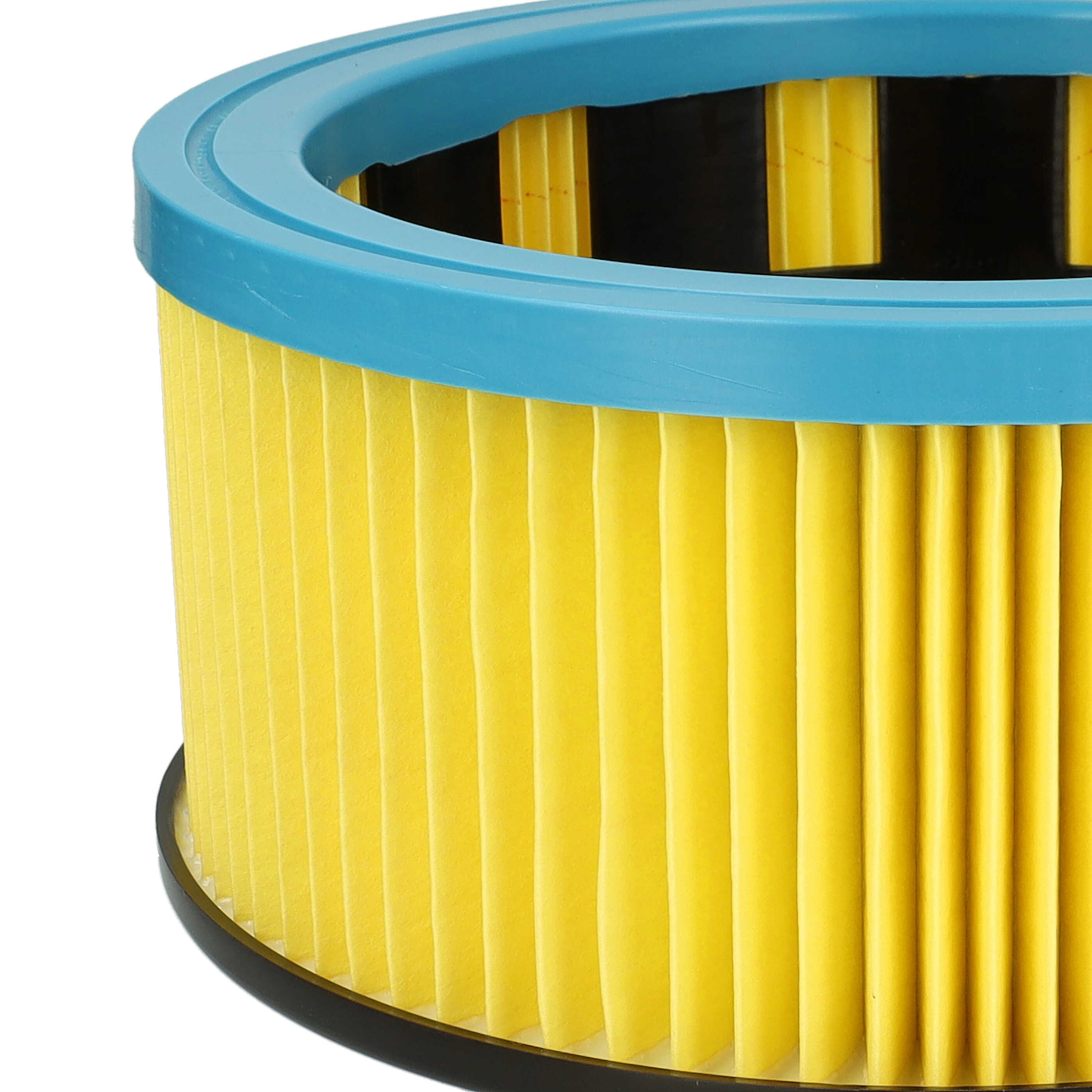 Nahaufnahme eines zylindrischen Luftfilters. Er hat gefaltetes gelbes Filterpapier, einen blauen Deckel und einen schwarzen Sockel.