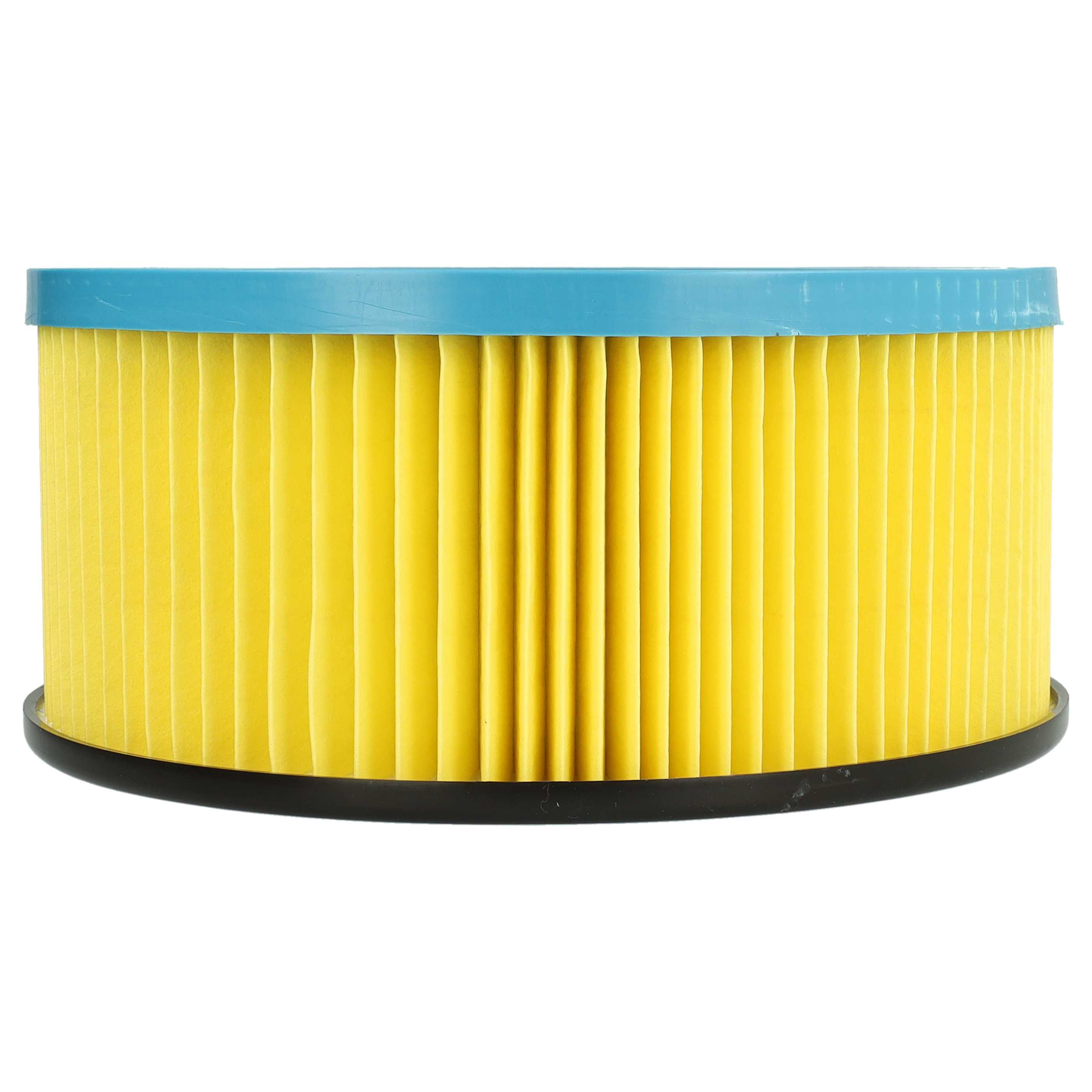 Ein Luftfilter mit blauem Deckel, gelbem Faltenfilter und schwarzem Boden, isoliert auf Weiß.