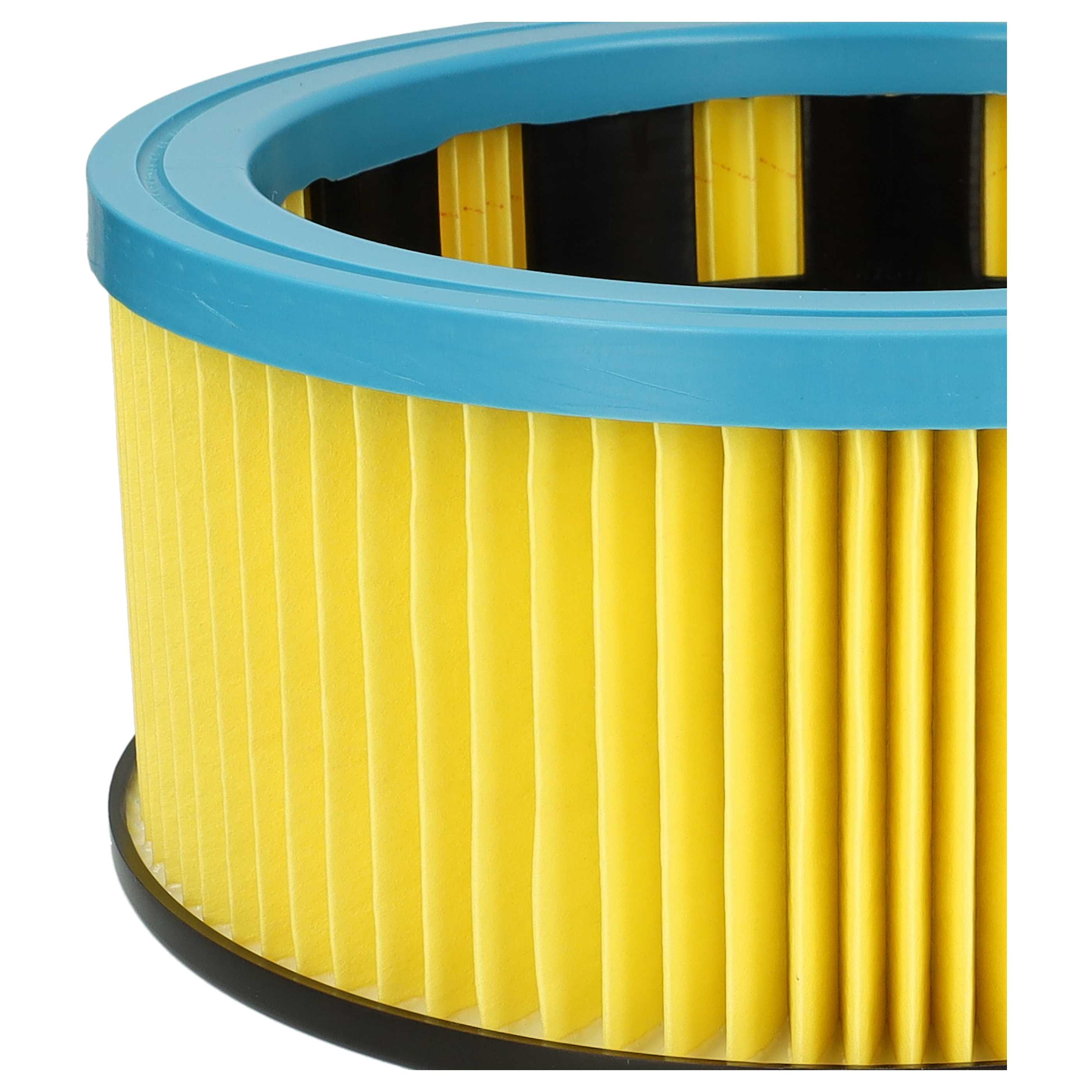 Nahaufnahme eines Luftfilters. Er hat gelbes, plissiertes Filterpapier, einen blauen Ring und einen schwarzen Sockel auf weißem Hintergrund.