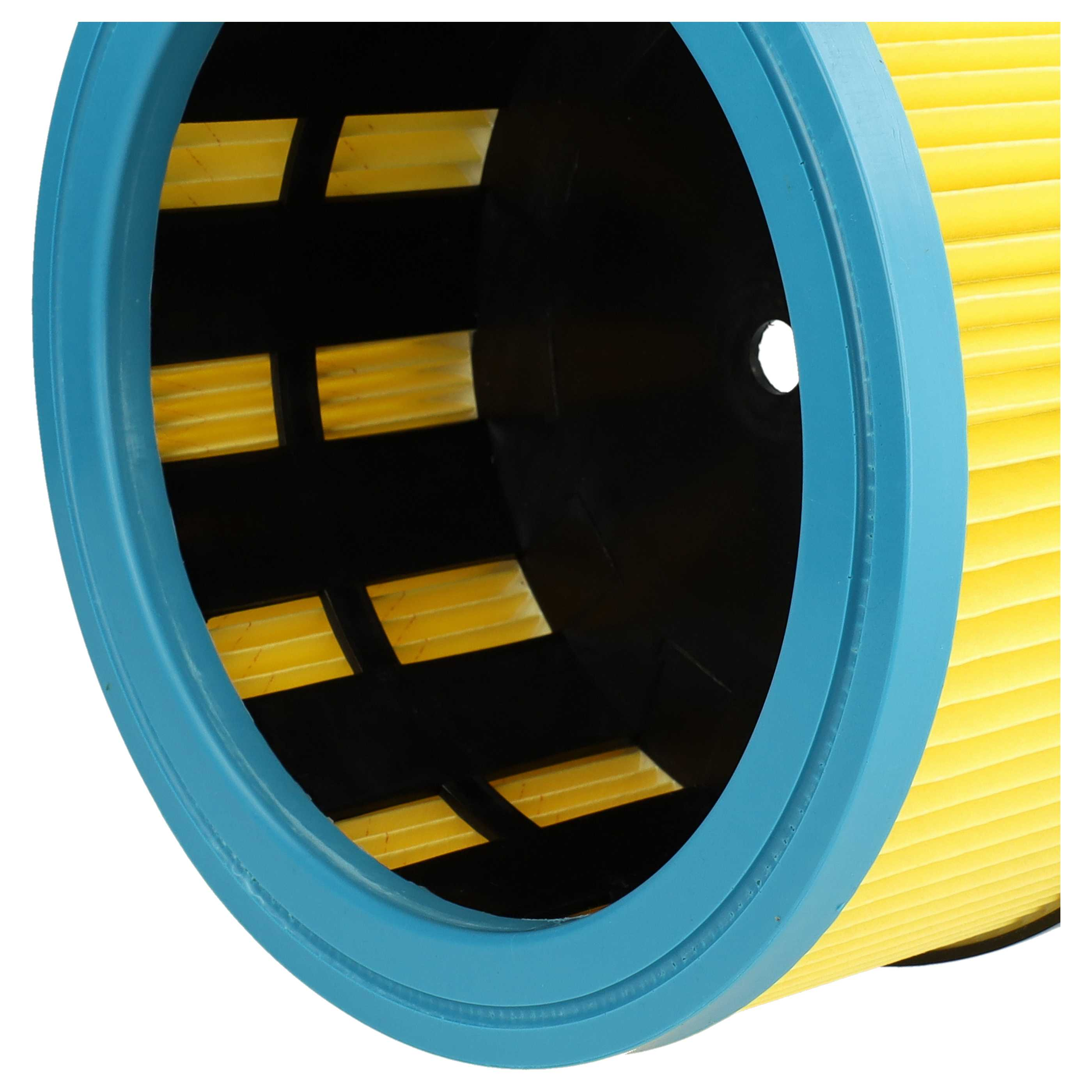 Ein zylindrischer Luftfilter. Er hat einen blauen Rand, einen gelben Filter und ein schwarzes Innere mit gelben Öffnungen.