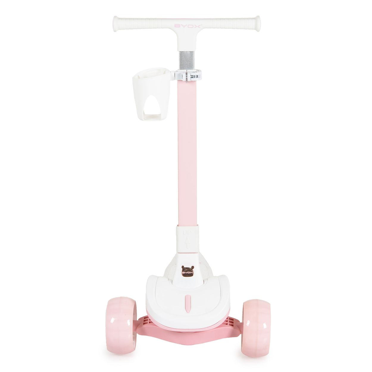 Ein rosa-weißer Roller mit drei Rädern. Er hat einen Lenker, einen Becherhalter und den Markennamen BYOX.