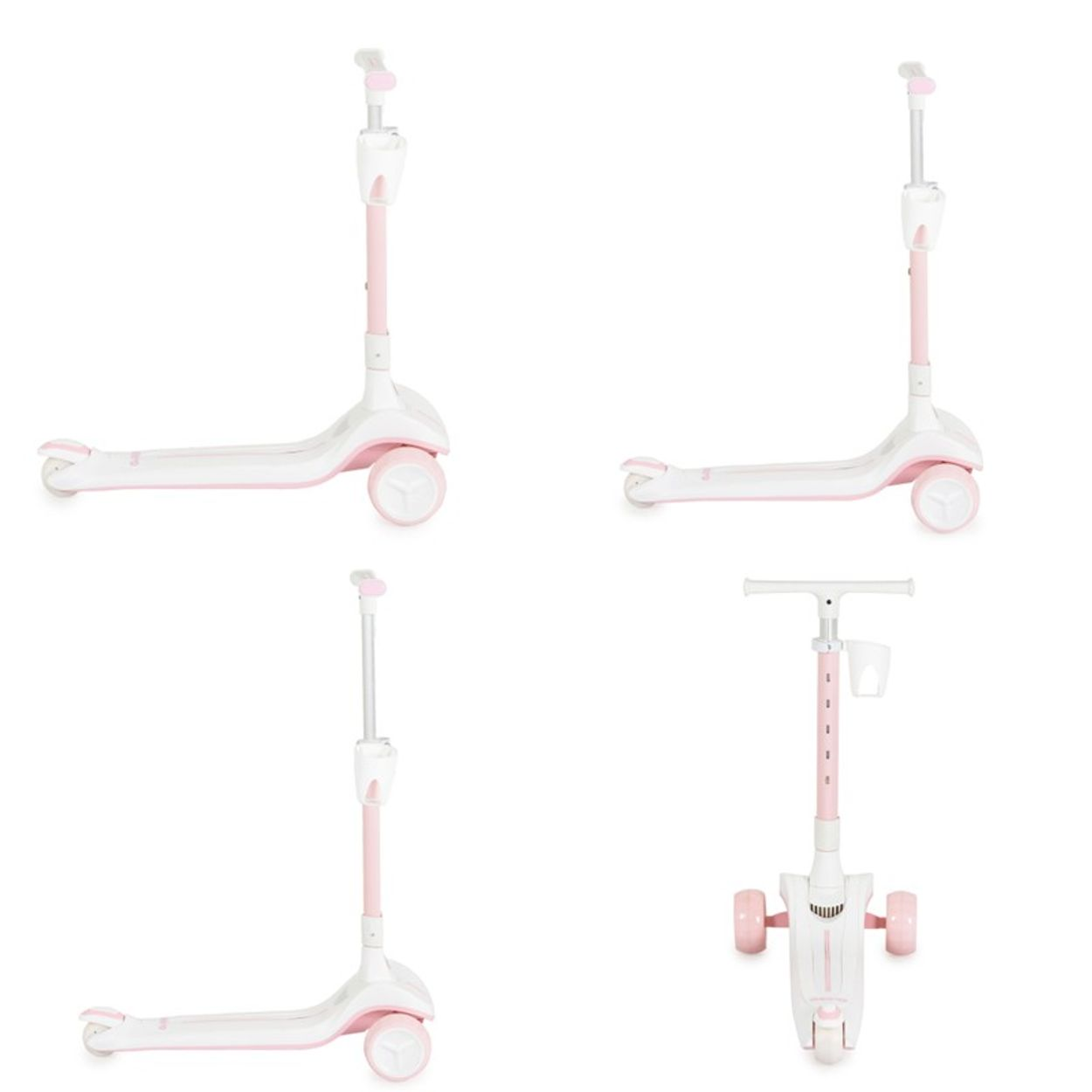Vier Ansichten eines weiß-rosa Rollers. Jede Ansicht zeigt einen anderen Winkel des Rollers. Der Roller hat drei Räder.