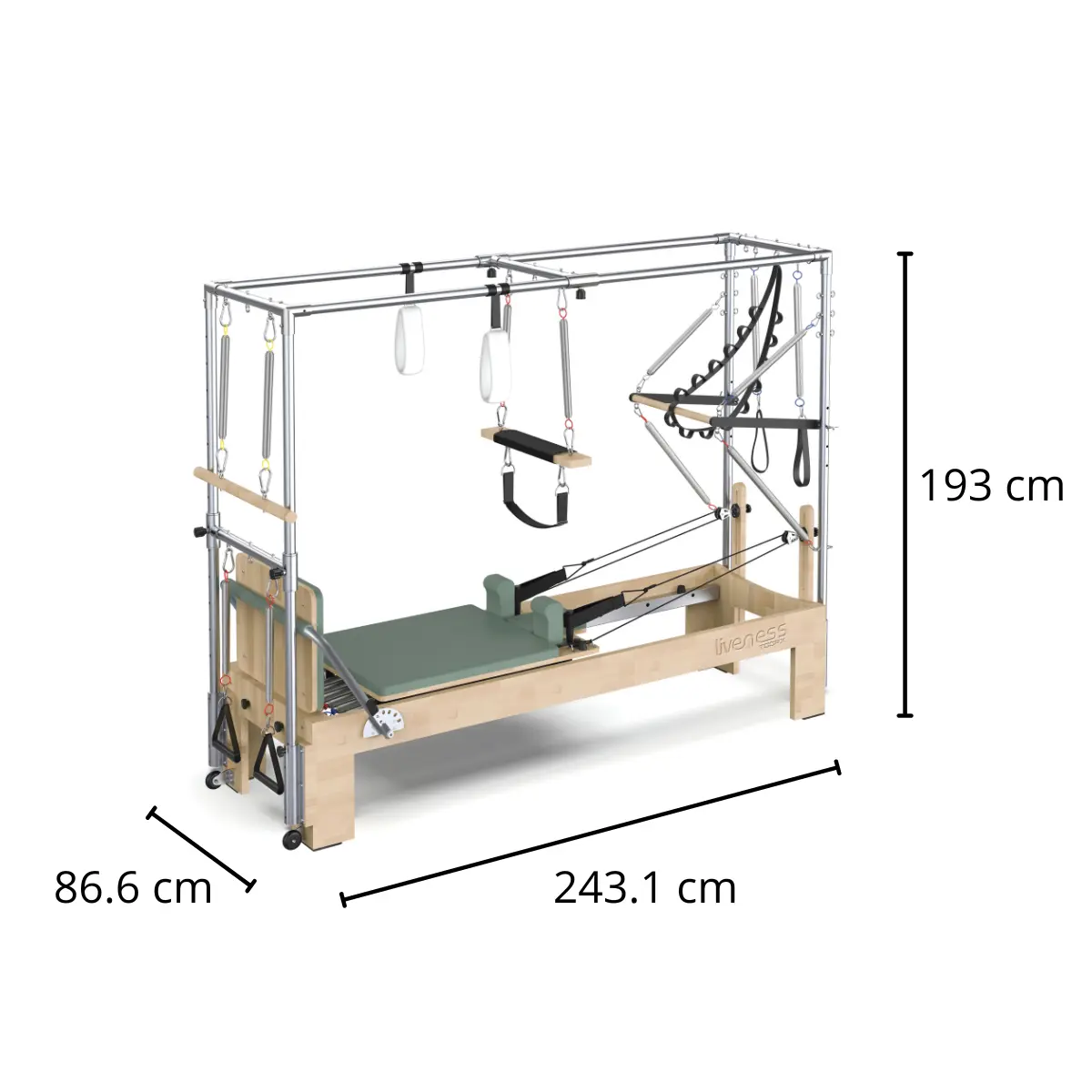 Pilates machine with metal frame and wooden base. It has springs, straps, and a green padded platform. Dimensions are labeled.