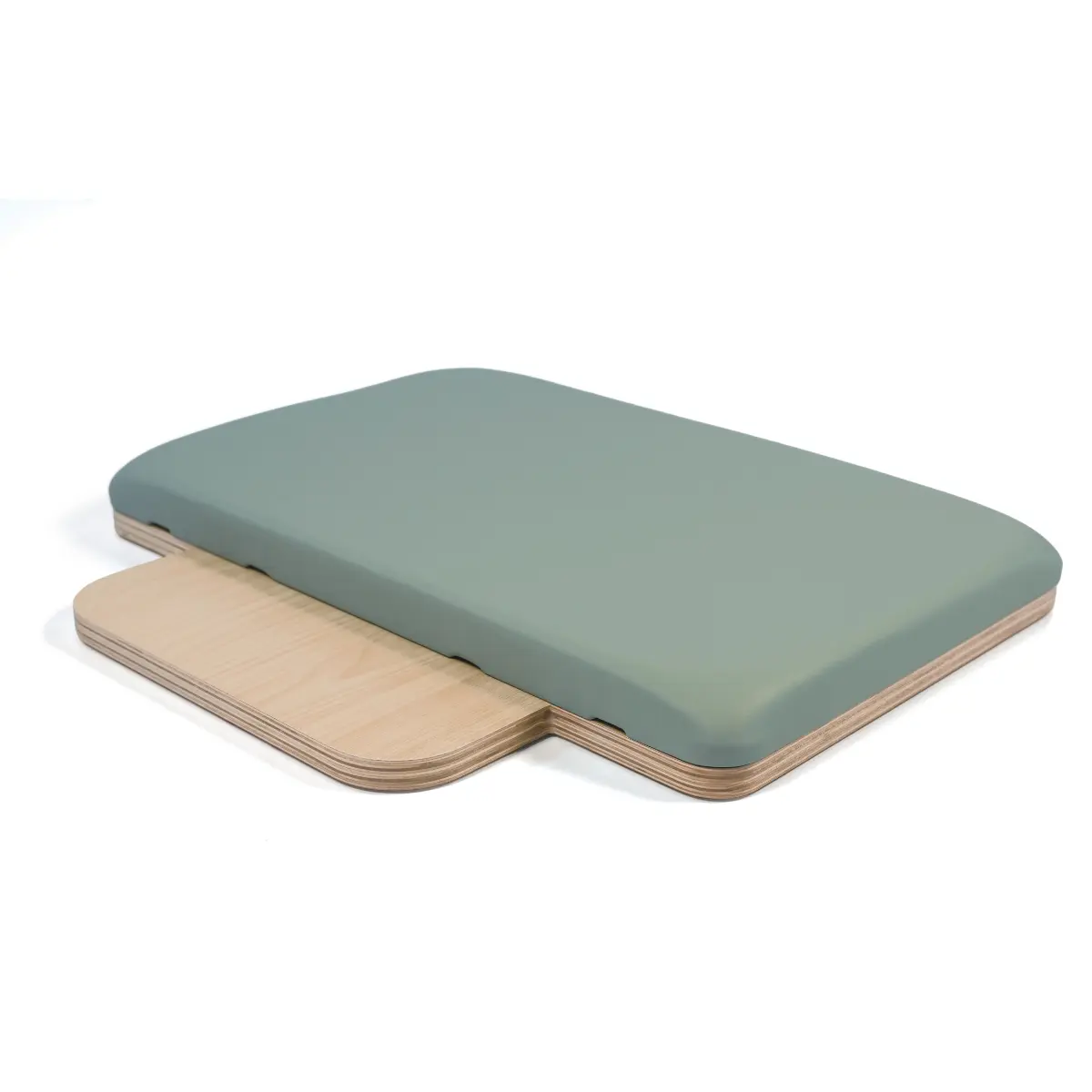 A wooden and light grey surface with a smaller wooden piece attached. The background is white.