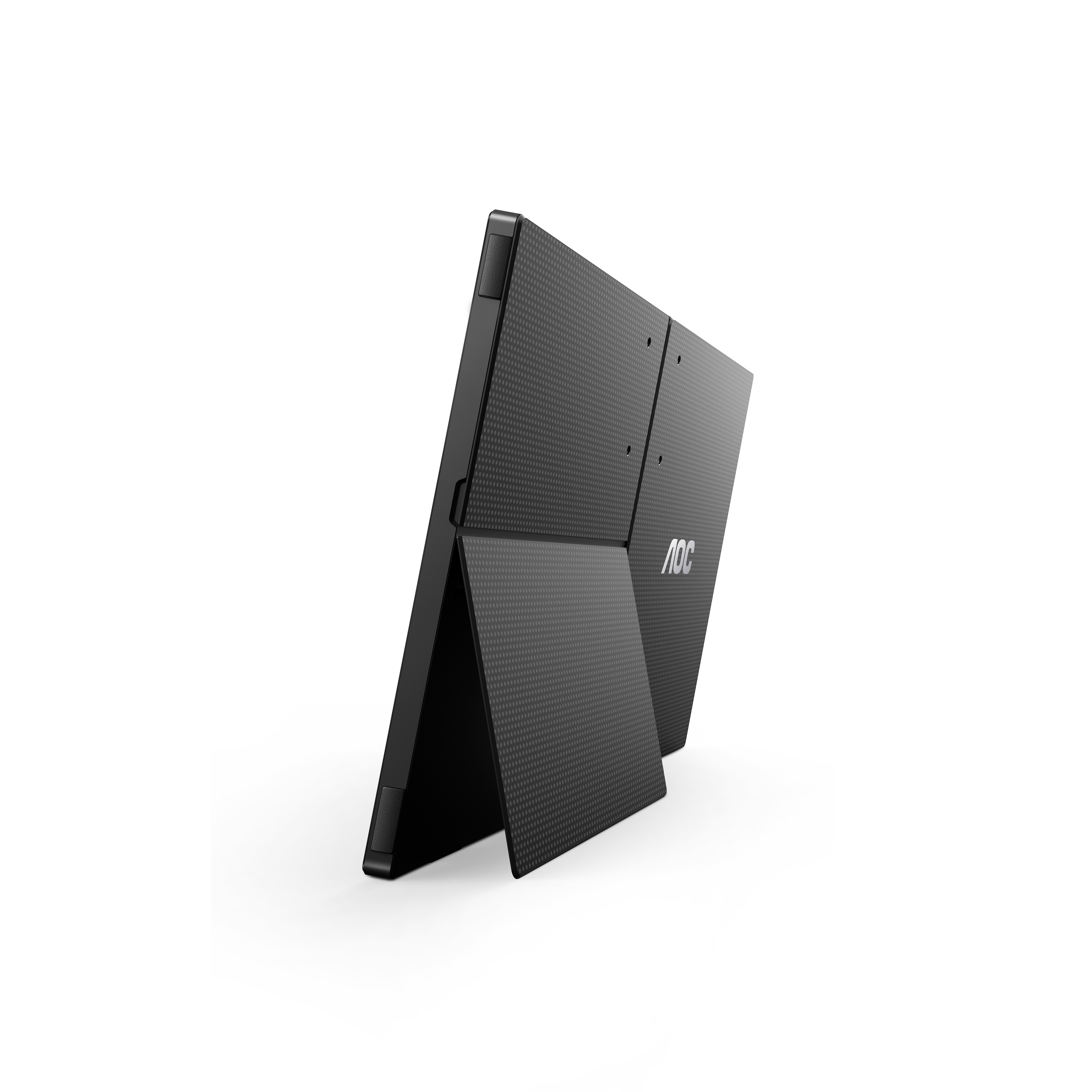 Czarny przenośny monitor z teksturowaną powierzchnią otwarty na białym tle. Widoczne jest logo AOC.