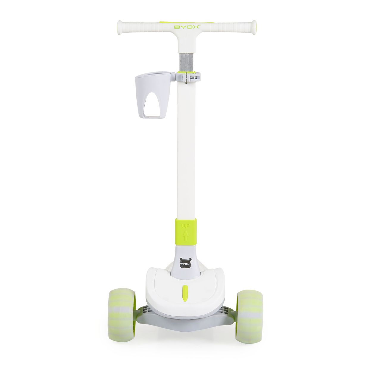 Ein weiß-grüner Roller mit zwei Vorderrädern und einem Lenker. Er hat einen Getränkehalter und den Markennamen BYOX.