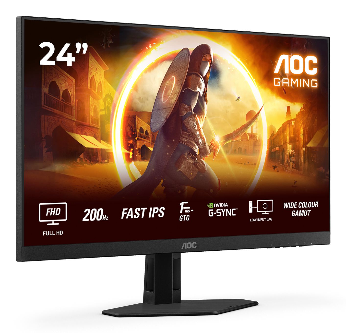 Monitor gamingowy AOC z ekranem 24 cale. Funkcje: FHD, 200Hz, Fast IPS, G-SYNC i Wide Color Gamut.