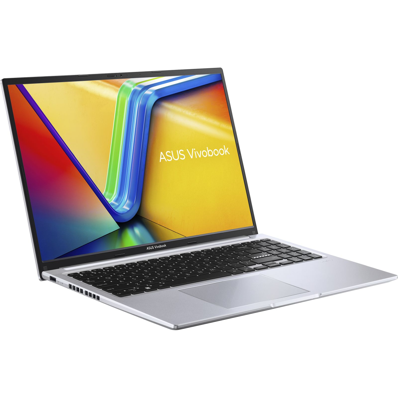Silberner Laptop mit schwarzer Tastatur. Der Bildschirm zeigt eine farbenfrohe Grafik. Der Laptop befindet sich auf weißem Hintergrund.