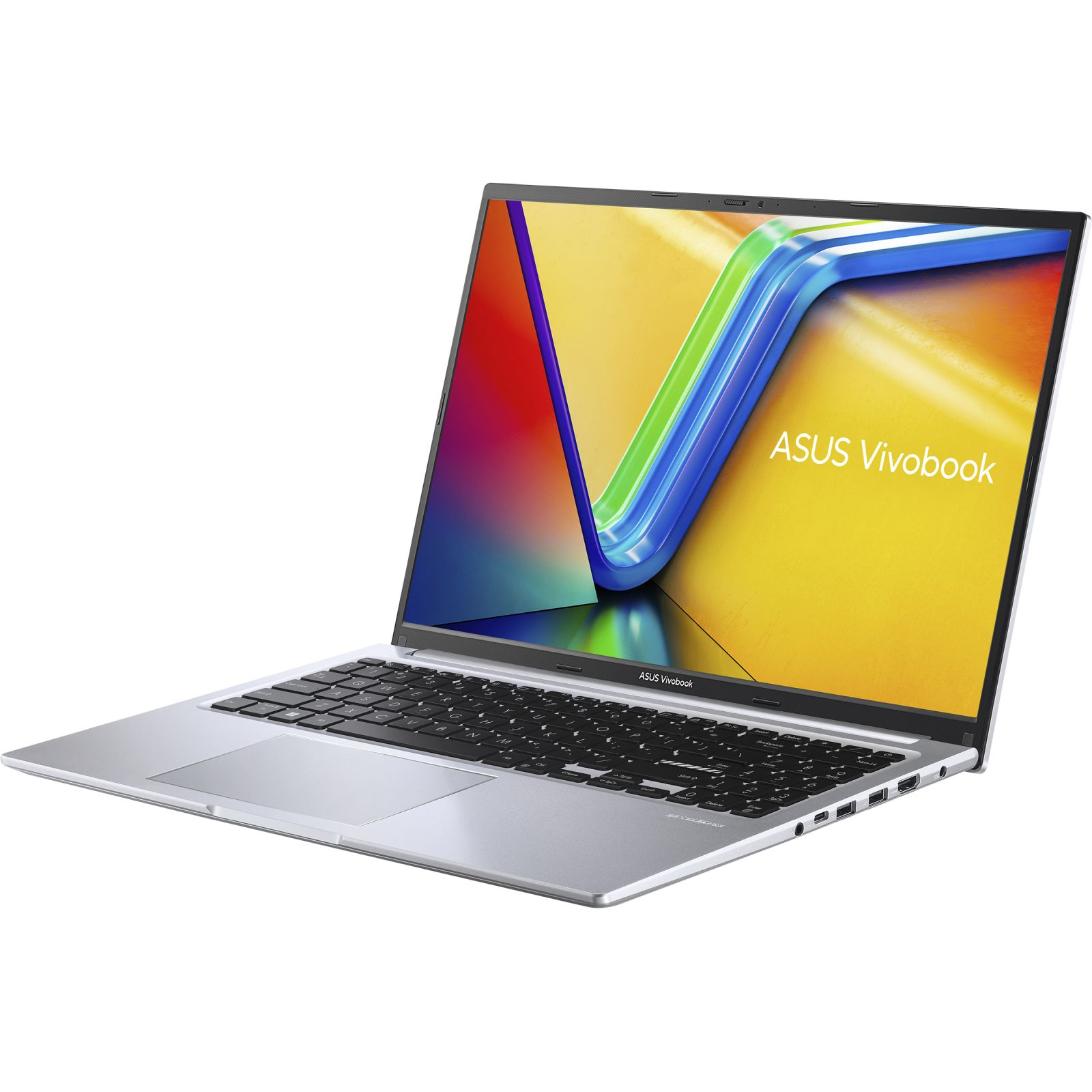 Silberner ASUS Vivobook Laptop. Der Bildschirm zeigt eine farbenfrohe Grafik. Die Tastatur ist schwarz. Der Hintergrund ist weiß.