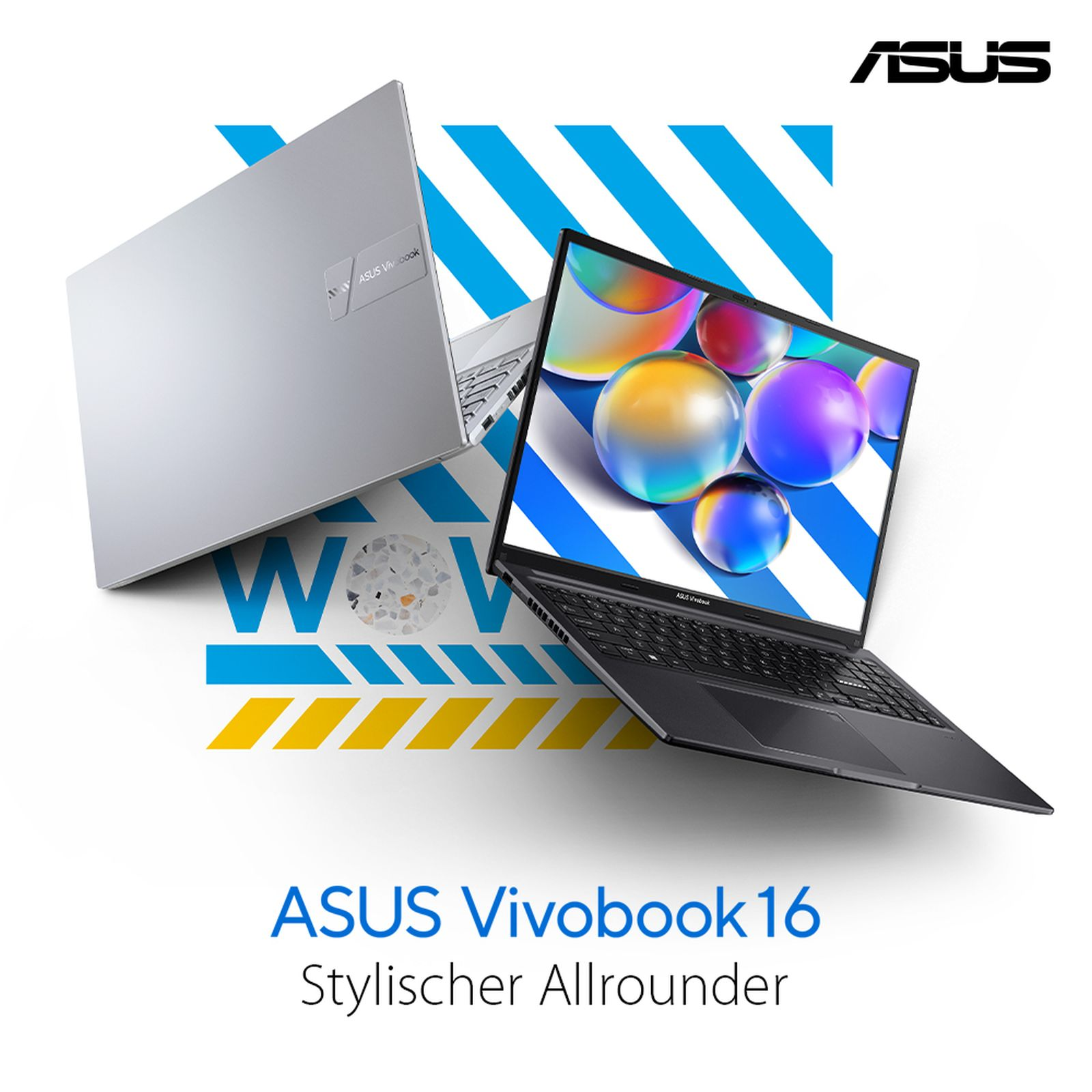 Dwa laptopy ASUS Vivobook 16. Jeden srebrny, jeden czarny. Kolorowe kule na ekranie. Białe tło z niebieskimi i żółtymi paskami.